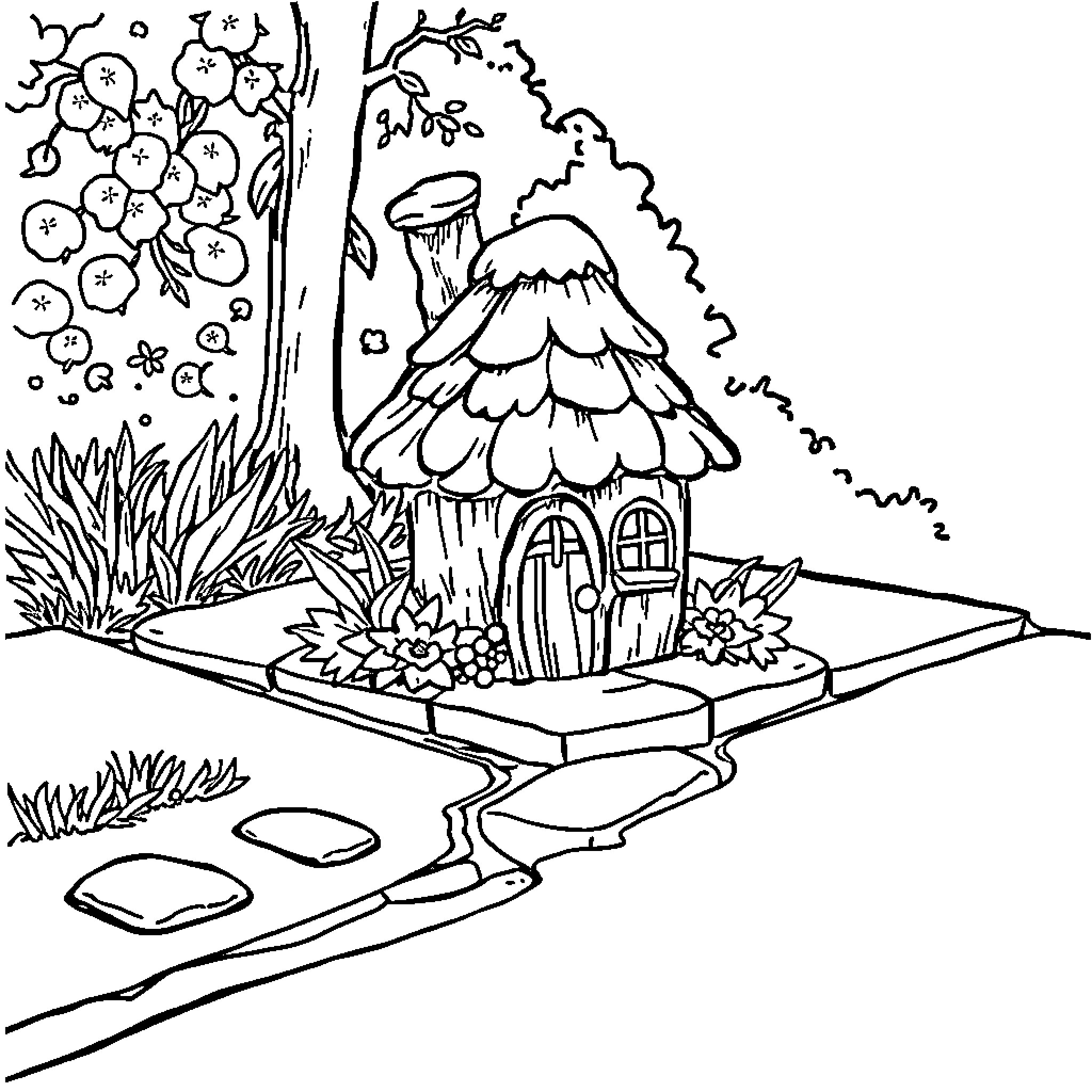 Fairy House in the Enchanted Forest Coloring Page (free black-and-white line drawing printable PDF for all, from beginners to advanced learners, including children, teens, adults, and seniors)