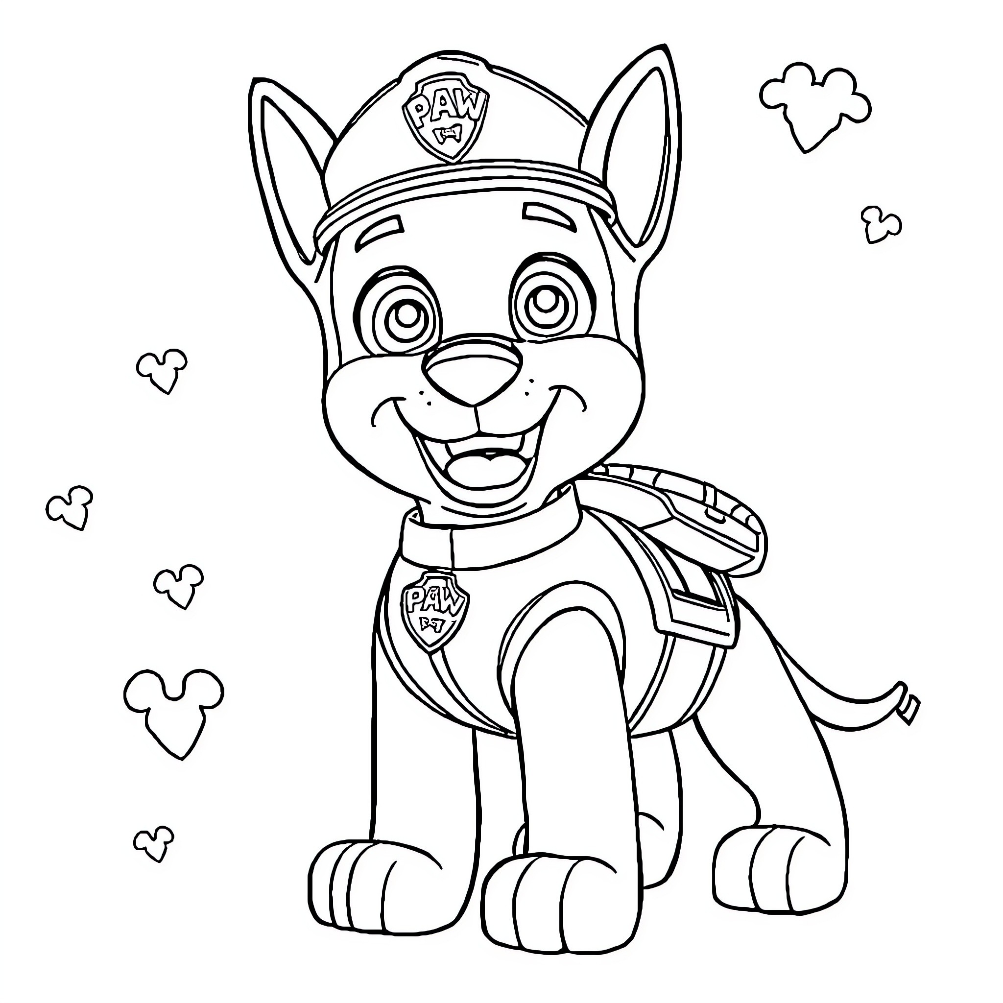 Chase the Pup's Colorful Adventure Coloring Page (free black-and-white line drawing printable PDF for all, from beginners to advanced learners, including children, teens, adults, and seniors)