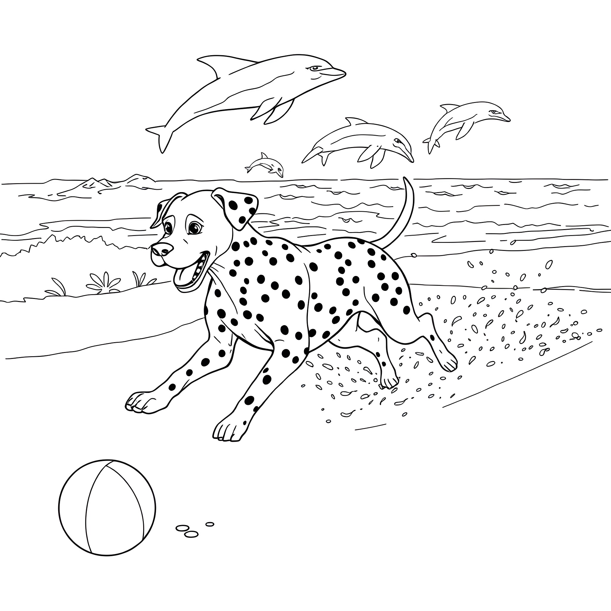 Dalmation playing joyfully on the beach Coloring Page (free black-and-white line drawing printable PDF for all, from beginners to advanced learners, including children, teens, adults, and seniors)