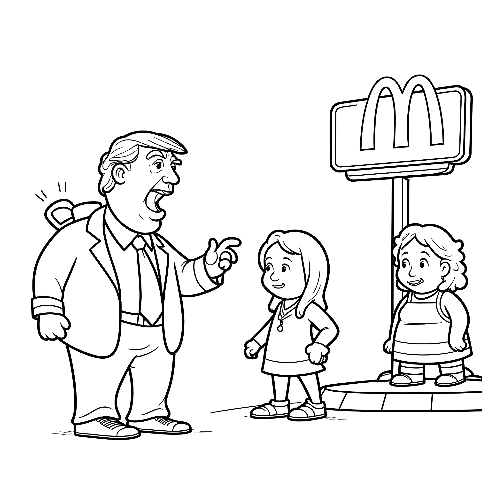 Donald Trump interacting with children at a McDonald's Coloring Page (free black-and-white line drawing printable PDF for all, from beginners to advanced learners, including children, teens, adults, and seniors)