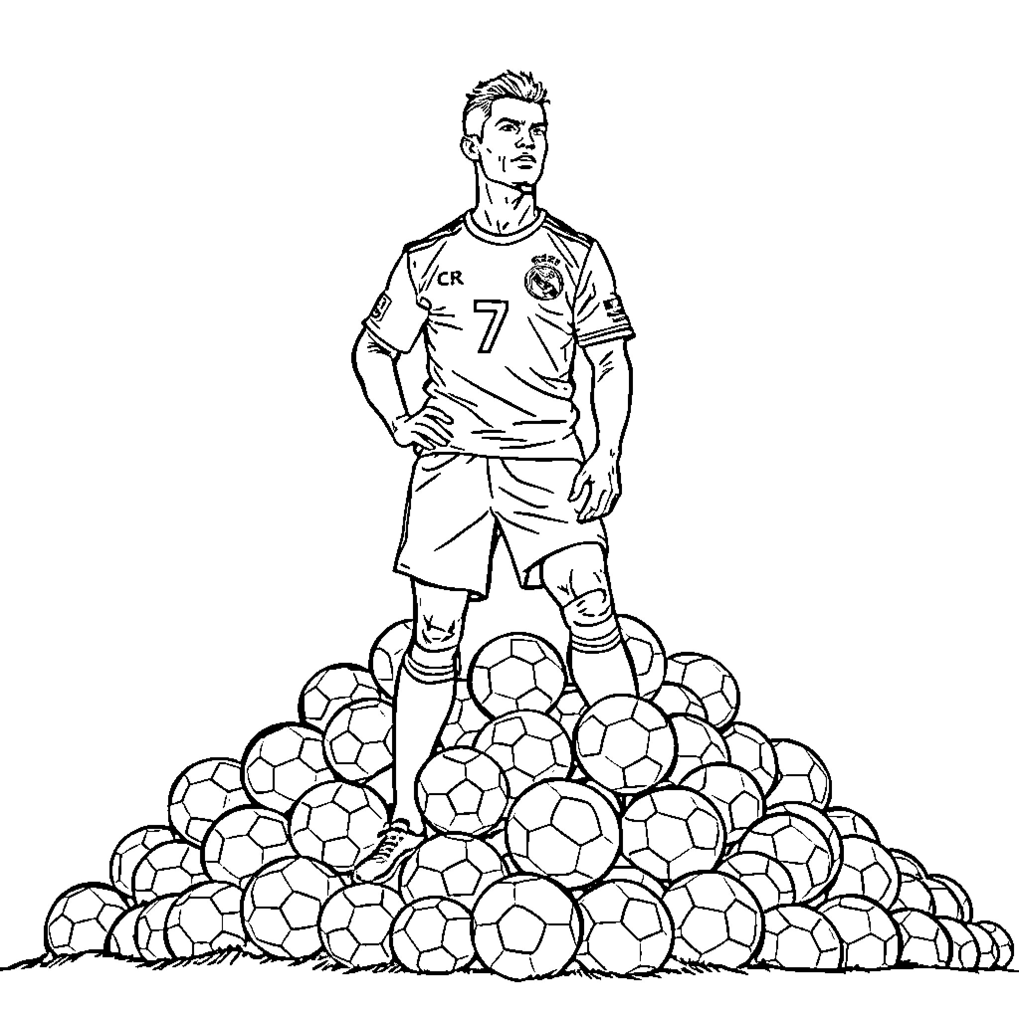 Cristiano Ronaldo standing amidst a pile of soccer balls Coloring Page (free black-and-white line drawing printable PDF for all, from beginners to advanced learners, including children, teens, adults, and seniors)