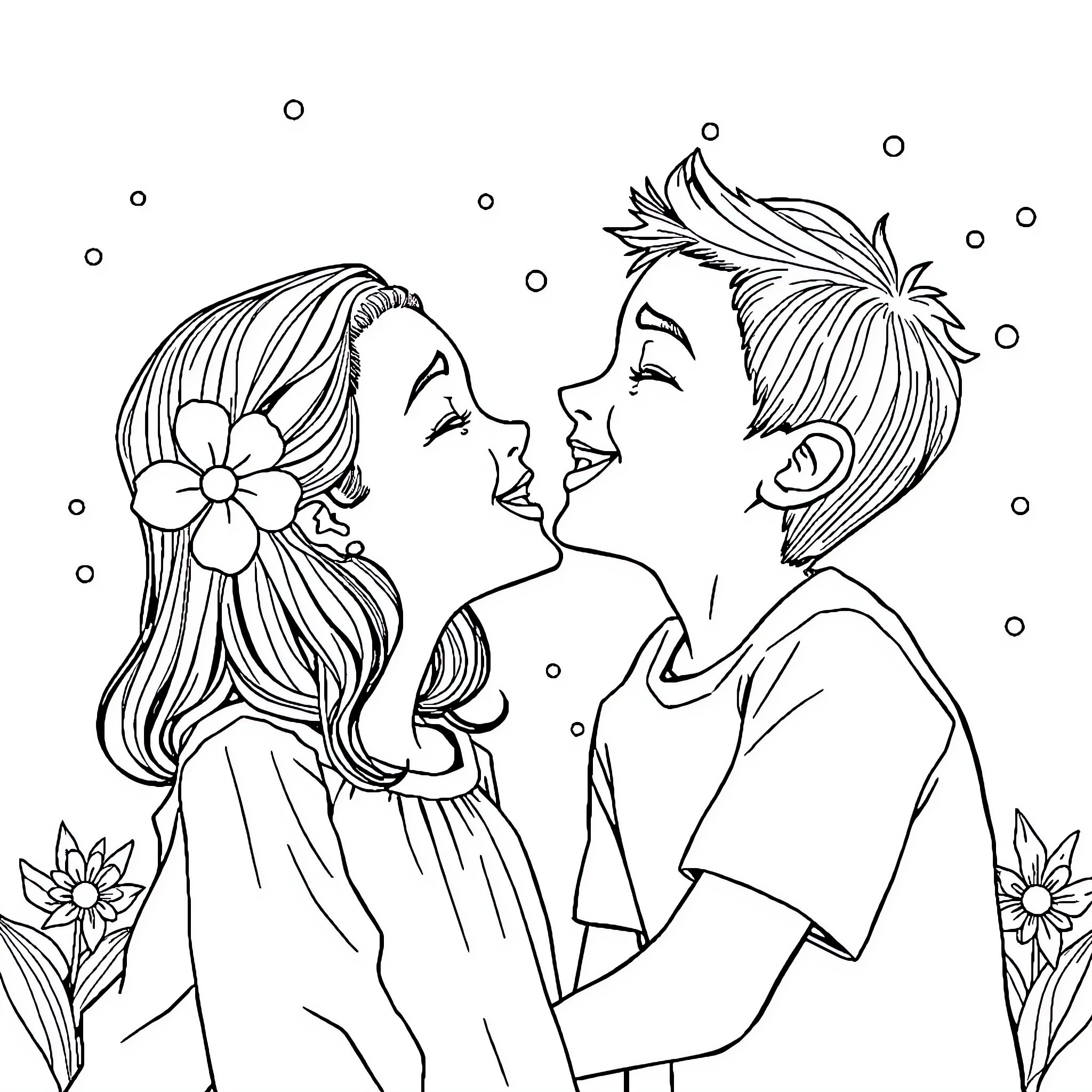 Brother and Sister Sharing a Tender Moment Coloring Page (free black-and-white line drawing printable PDF for all, from beginners to advanced learners, including children, teens, adults, and seniors)