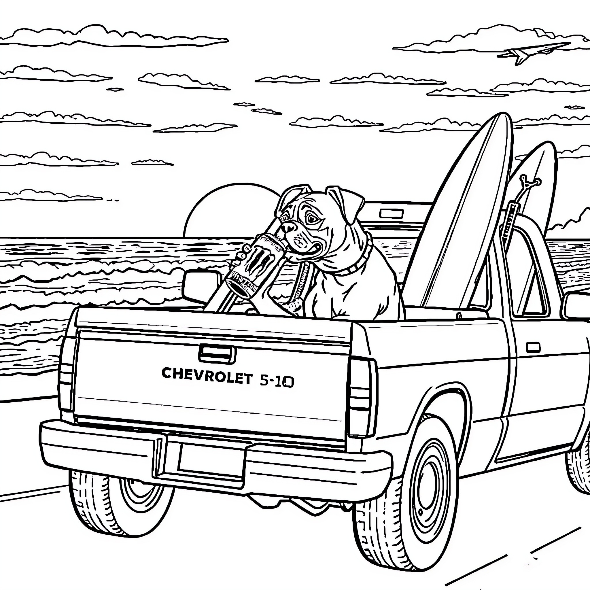 Boxer relaxing with surfboard in pickup truck Coloring Page (free black-and-white line drawing printable PDF for all, from beginners to advanced learners, including children, teens, adults, and seniors)