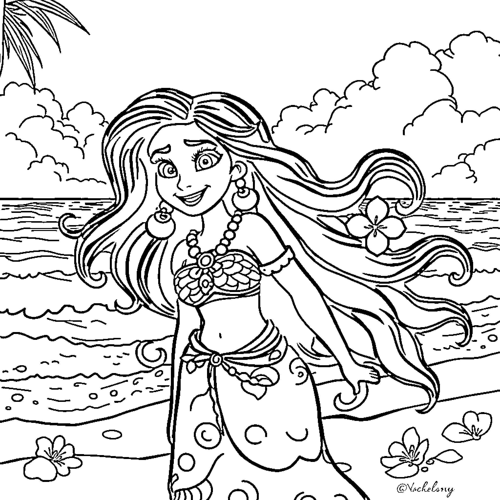 Vaiana exploring the tropical beach with flowers Coloring Page (free black-and-white line drawing printable PDF for all, from beginners to advanced learners, including children, teens, adults, and seniors)