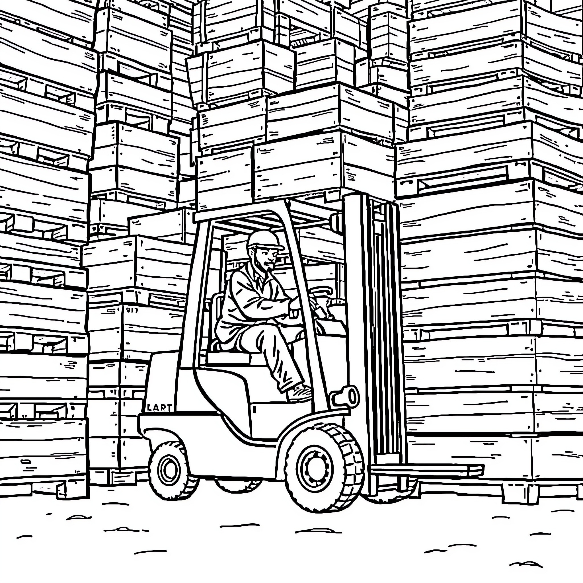 Forklift operator transporting crates in warehouse Coloring Page (free black-and-white line drawing printable PDF for all, from beginners to advanced learners, including children, teens, adults, and seniors)