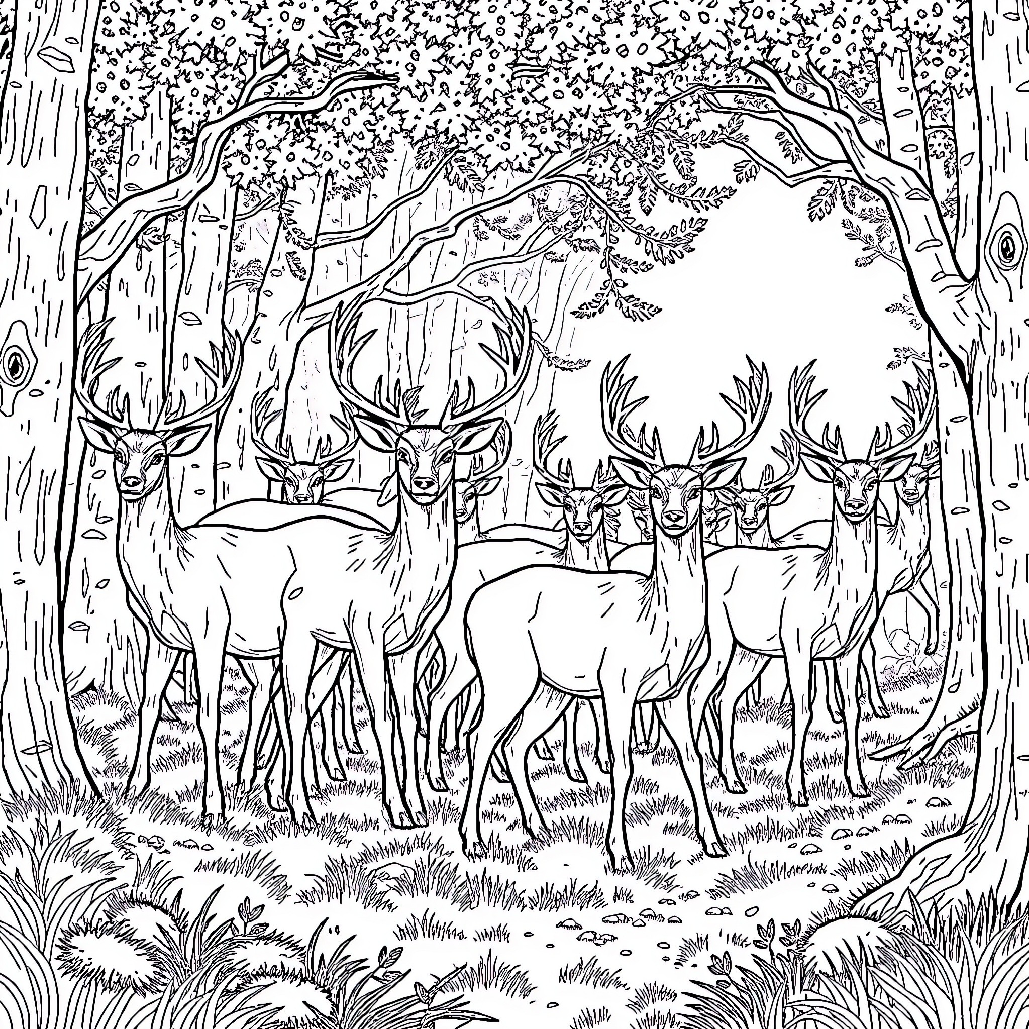 Deer herd standing in the serene forest Coloring Page (free black-and-white line drawing printable PDF for all, from beginners to advanced learners, including children, teens, adults, and seniors)