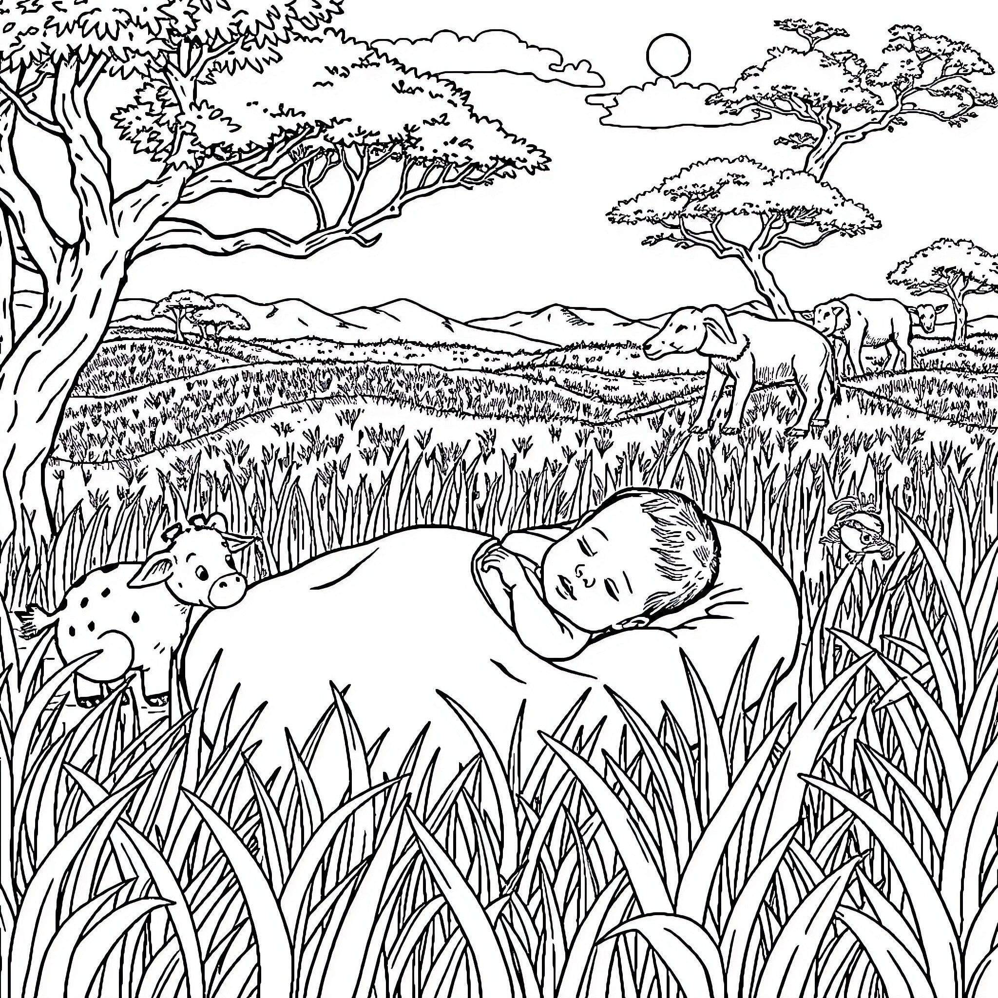 Baby sleeping peacefully in the African wilderness Coloring Page (free black-and-white line drawing printable PDF for all, from beginners to advanced learners, including children, teens, adults, and seniors)