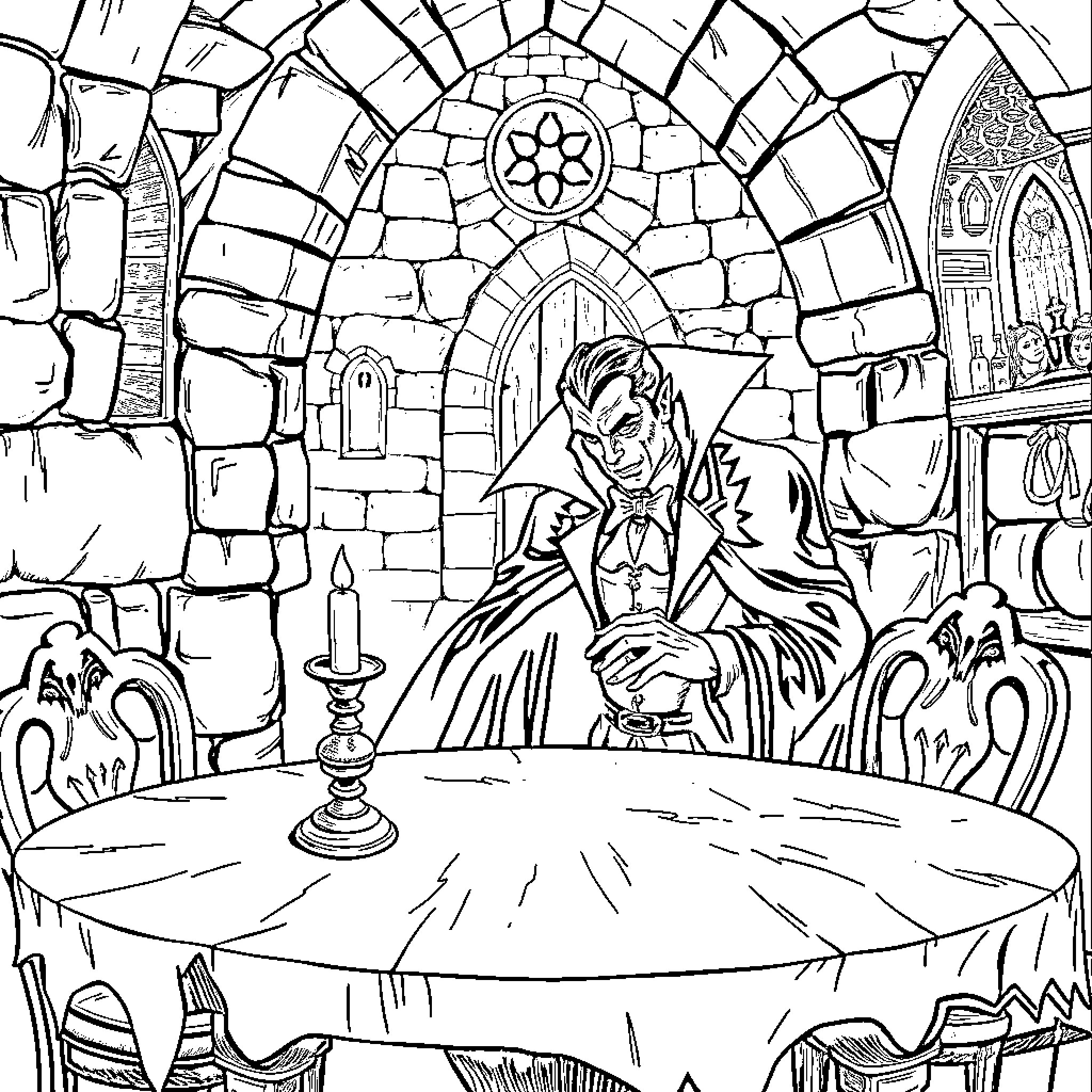 Dracula Dining in a Spooky Gothic Castle Coloring Page (free black-and-white line drawing printable PDF for all, from beginners to advanced learners, including children, teens, adults, and seniors)