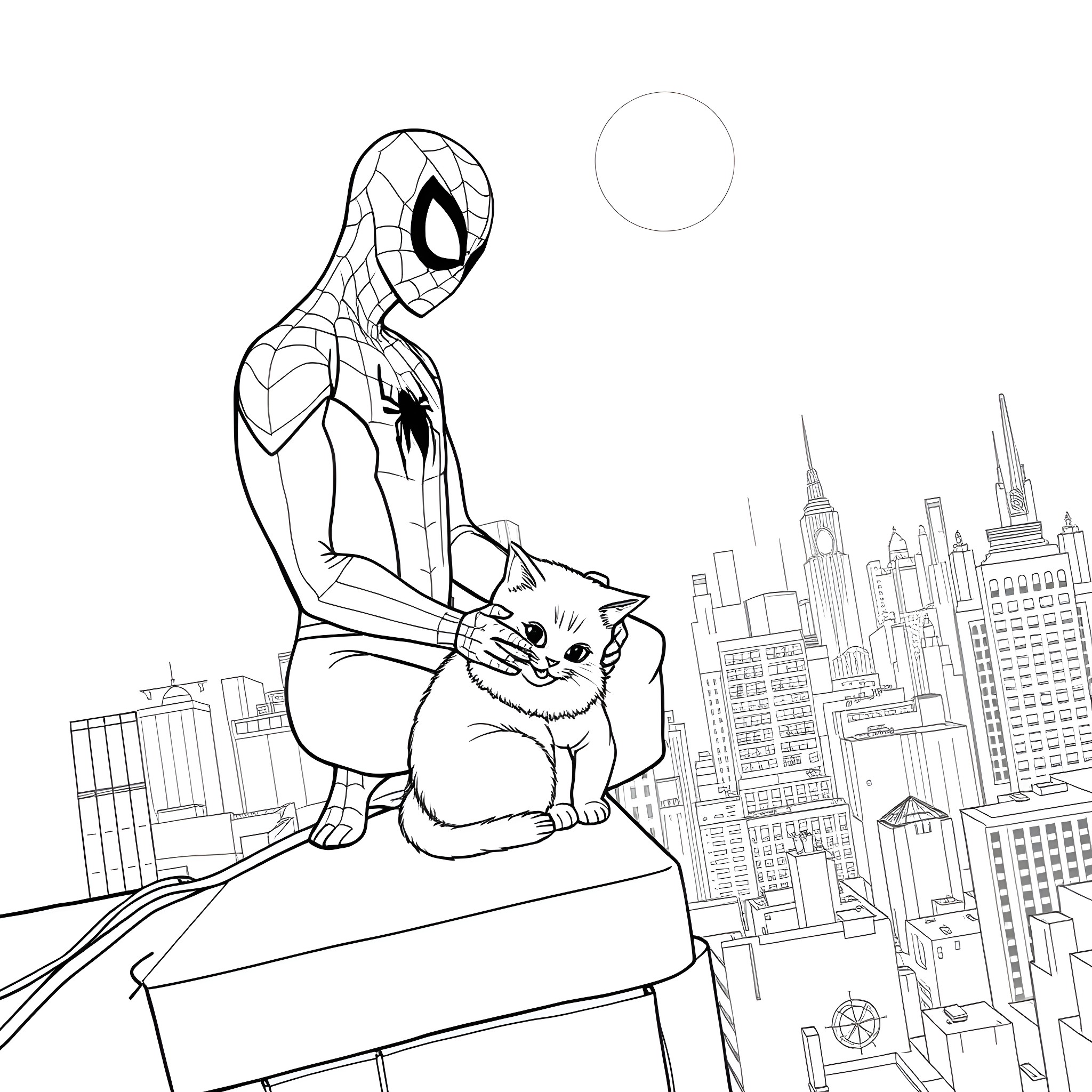Spider-Man saving a kitten in the city Coloring Page (free black-and-white line drawing printable PDF for all, from beginners to advanced learners, including children, teens, adults, and seniors)