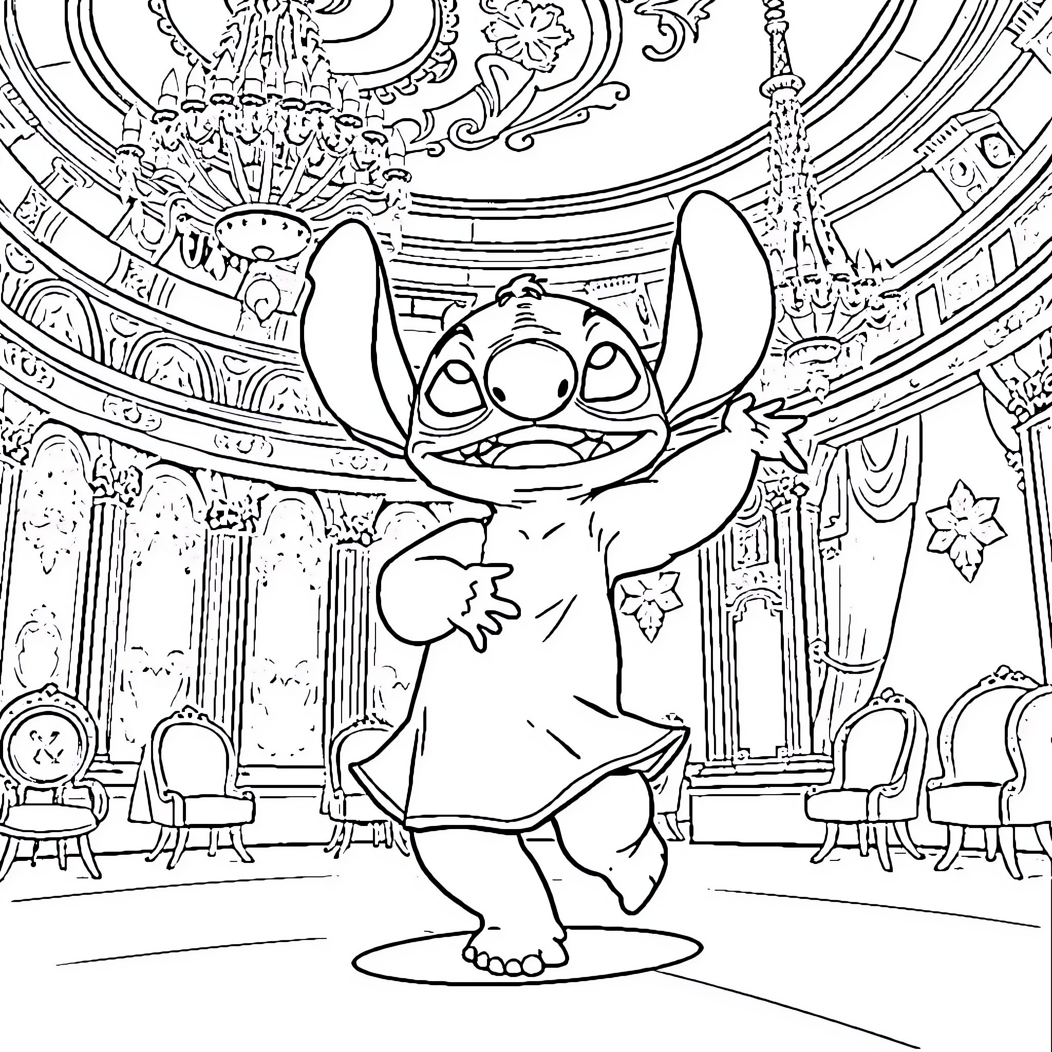 Stitch exploring a grand and ornate interior setting Coloring Page (free black-and-white line drawing printable PDF for all, from beginners to advanced learners, including children, teens, adults, and seniors)
