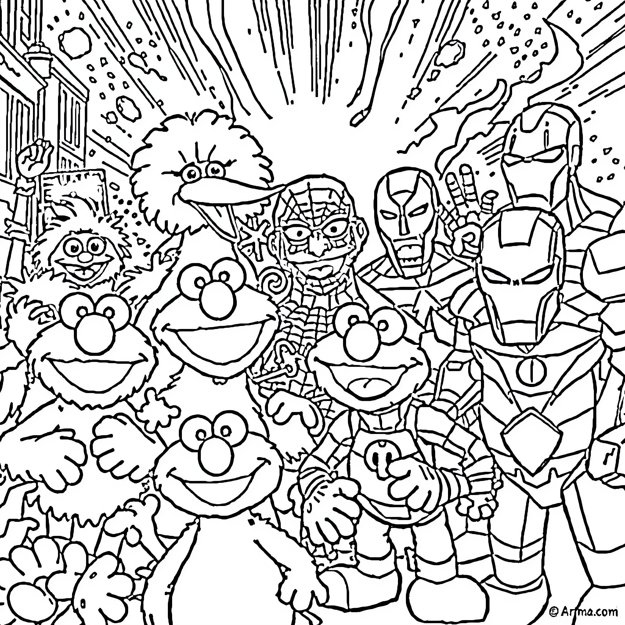 Character Gathering of Animated Figures in a Chaotic Scene Coloring Page (free black-and-white line drawing printable PDF for all, from beginners to advanced learners, including children, teens, adults, and seniors)