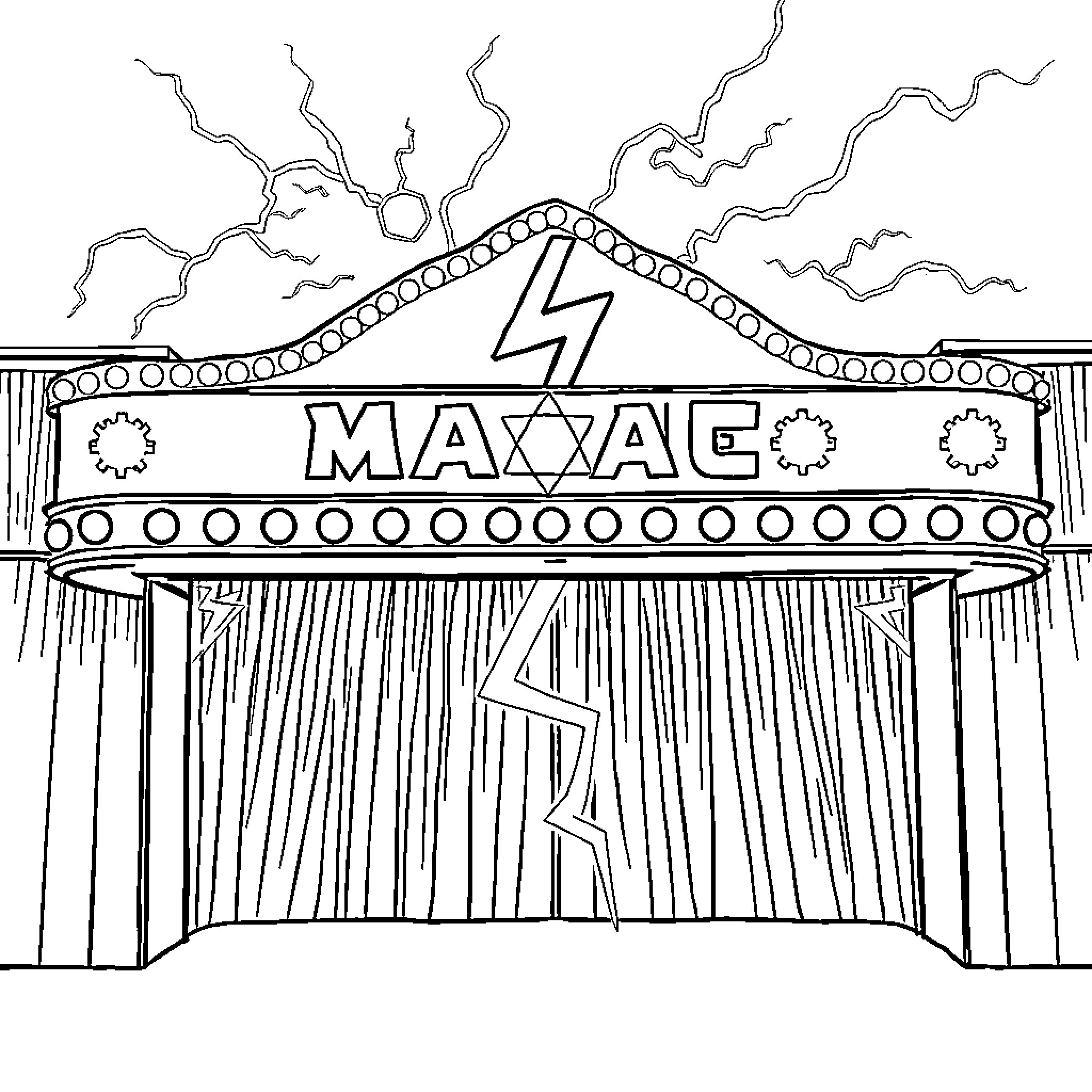 Lightning strikes above the Maxxac theater marquee Coloring Page (free black-and-white line drawing printable PDF for all, from beginners to advanced learners, including children, teens, adults, and seniors)