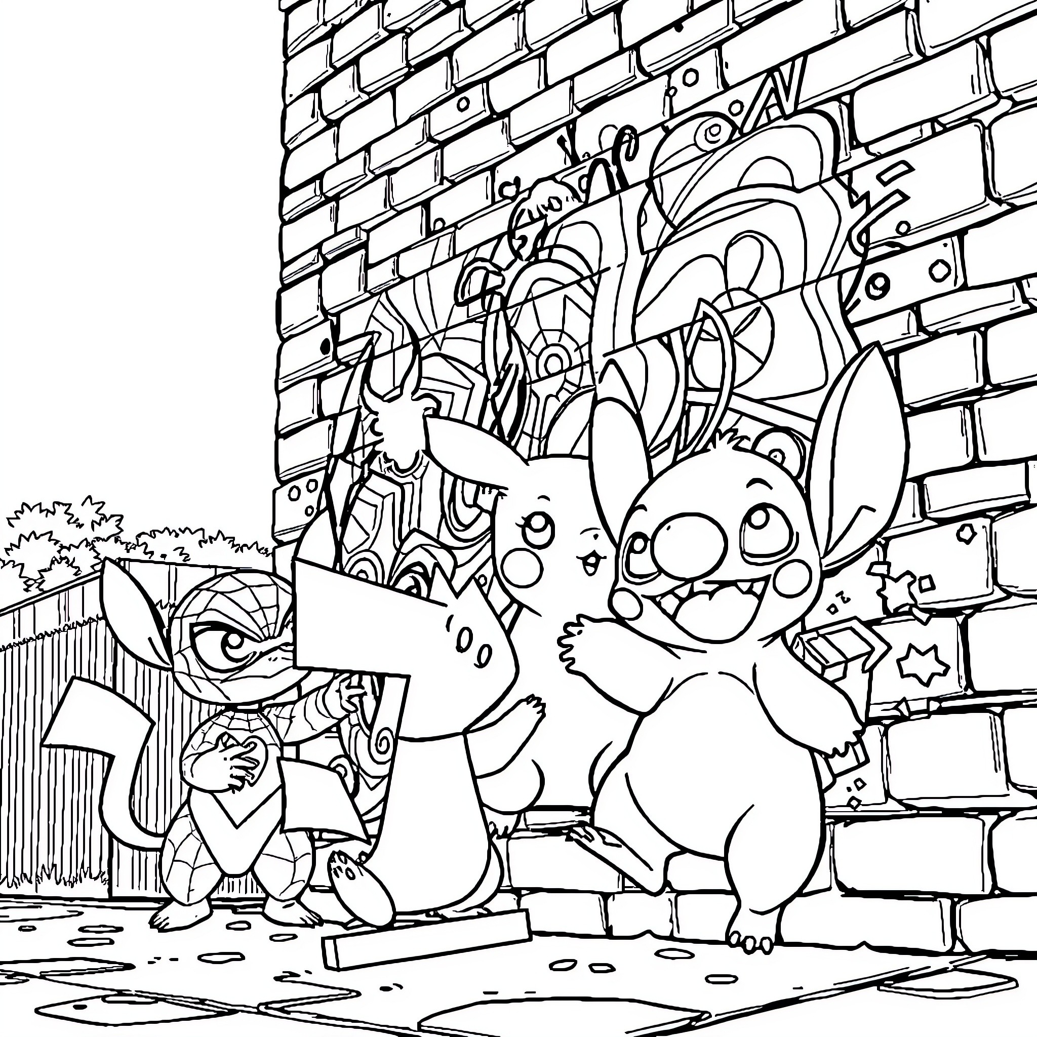 Pikachu and Friends Exploring the Graffiti-Covered Wall Coloring Page (free black-and-white line drawing printable PDF for all, from beginners to advanced learners, including children, teens, adults, and seniors)