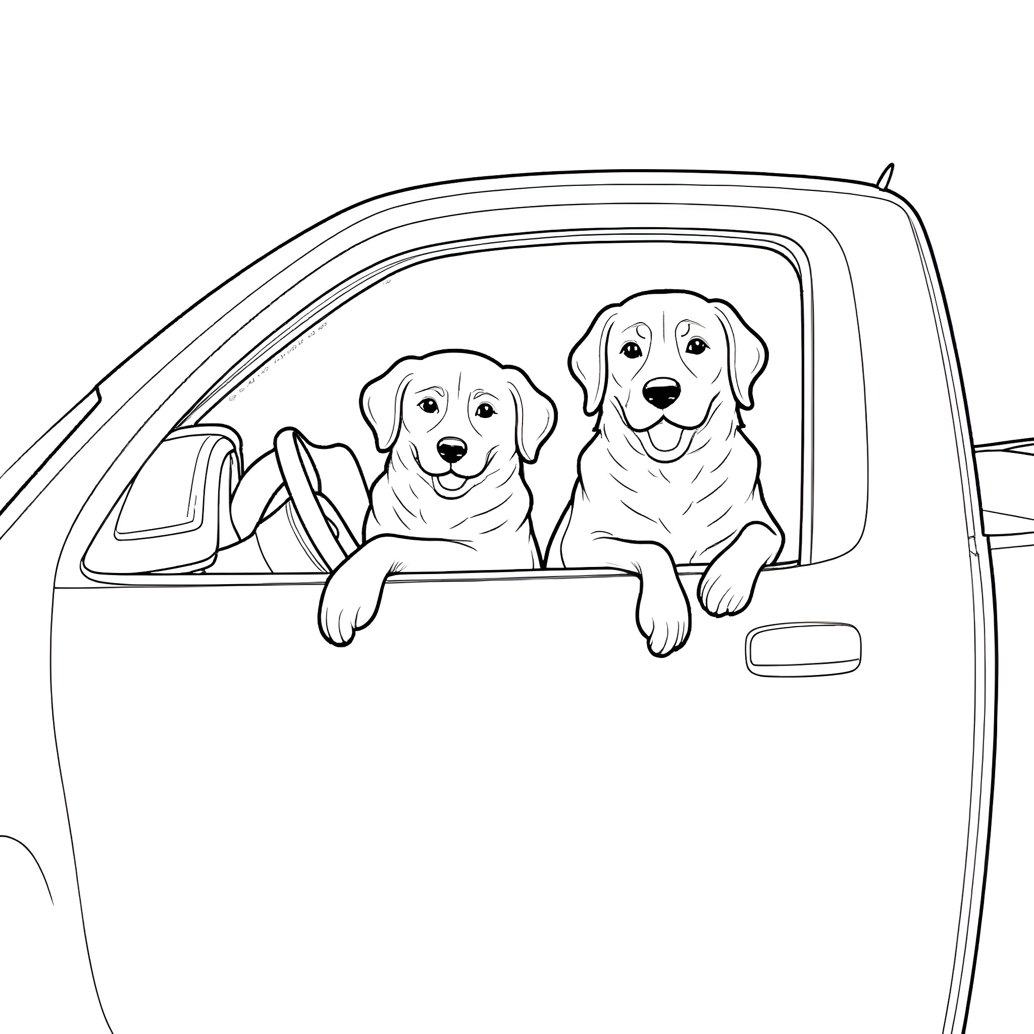 Dog companions riding in car together Coloring Page (free black-and-white line drawing printable PDF for all, from beginners to advanced learners, including children, teens, adults, and seniors)