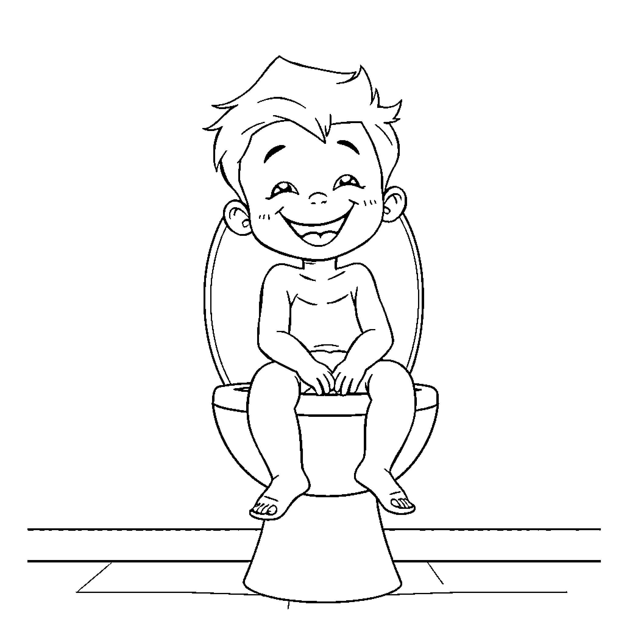 Boy cheerfully sitting on toilet Coloring Page (free black-and-white line drawing printable PDF for all, from beginners to advanced learners, including children, teens, adults, and seniors)
