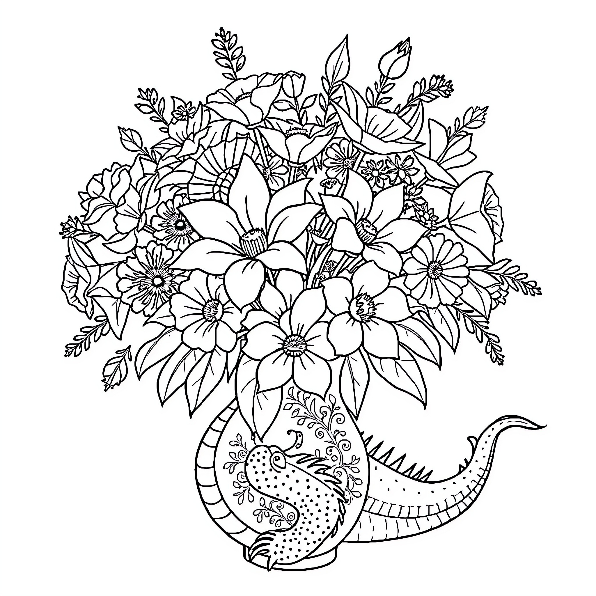 Flower Bouquet with Ornate Vase Coloring Page (free black-and-white line drawing printable PDF for all, from beginners to advanced learners, including children, teens, adults, and seniors)