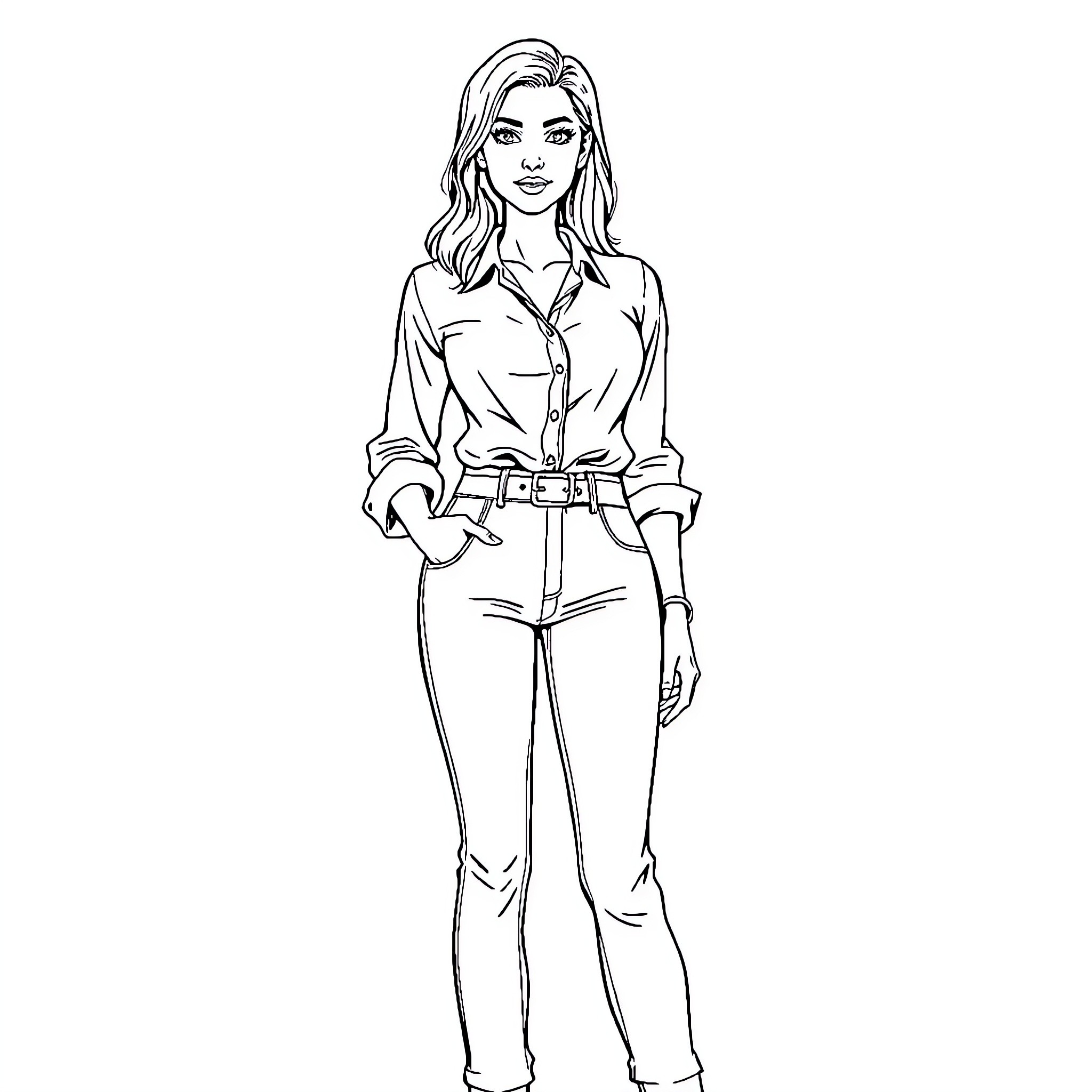 Woman in formal business attire standing confidently Coloring Page (free black-and-white line drawing printable PDF for all, from beginners to advanced learners, including children, teens, adults, and seniors)