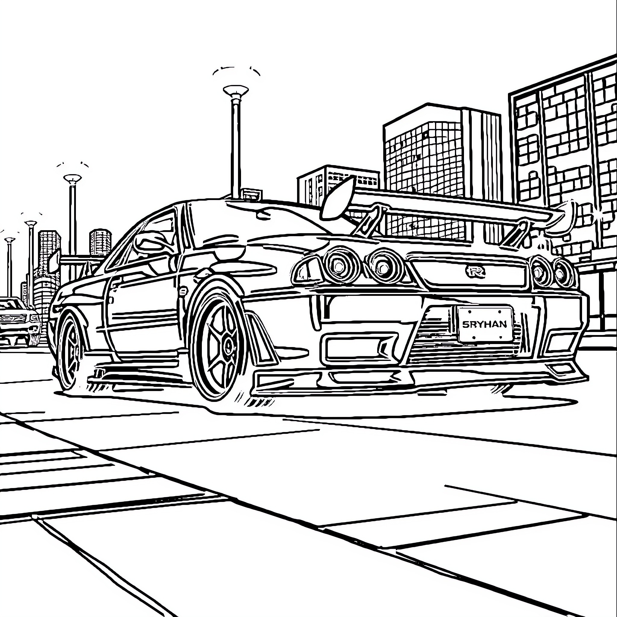 Nissan sports car driving through urban city scene Coloring Page (free black-and-white line drawing printable PDF for all, from beginners to advanced learners, including children, teens, adults, and seniors)