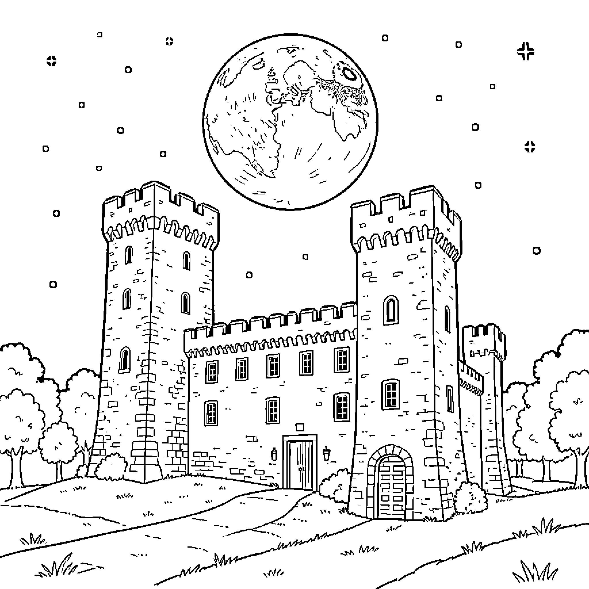 Castle towers standing tall in the moonlit landscape Coloring Page (free black-and-white line drawing printable PDF for all, from beginners to advanced learners, including children, teens, adults, and seniors)