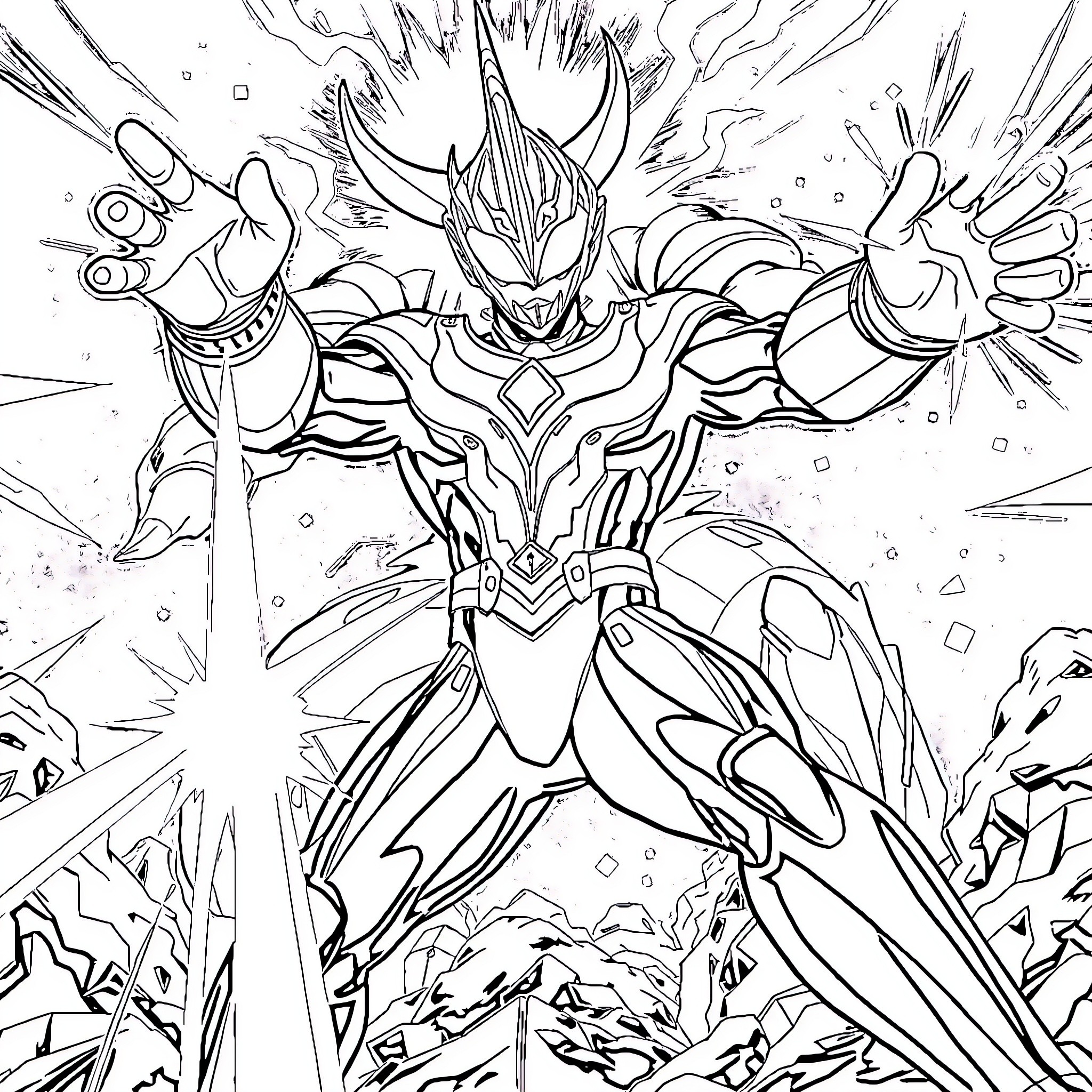 Ultraman unleashing powerful energy attack Coloring Page (free black-and-white line drawing printable PDF for all, from beginners to advanced learners, including children, teens, adults, and seniors)