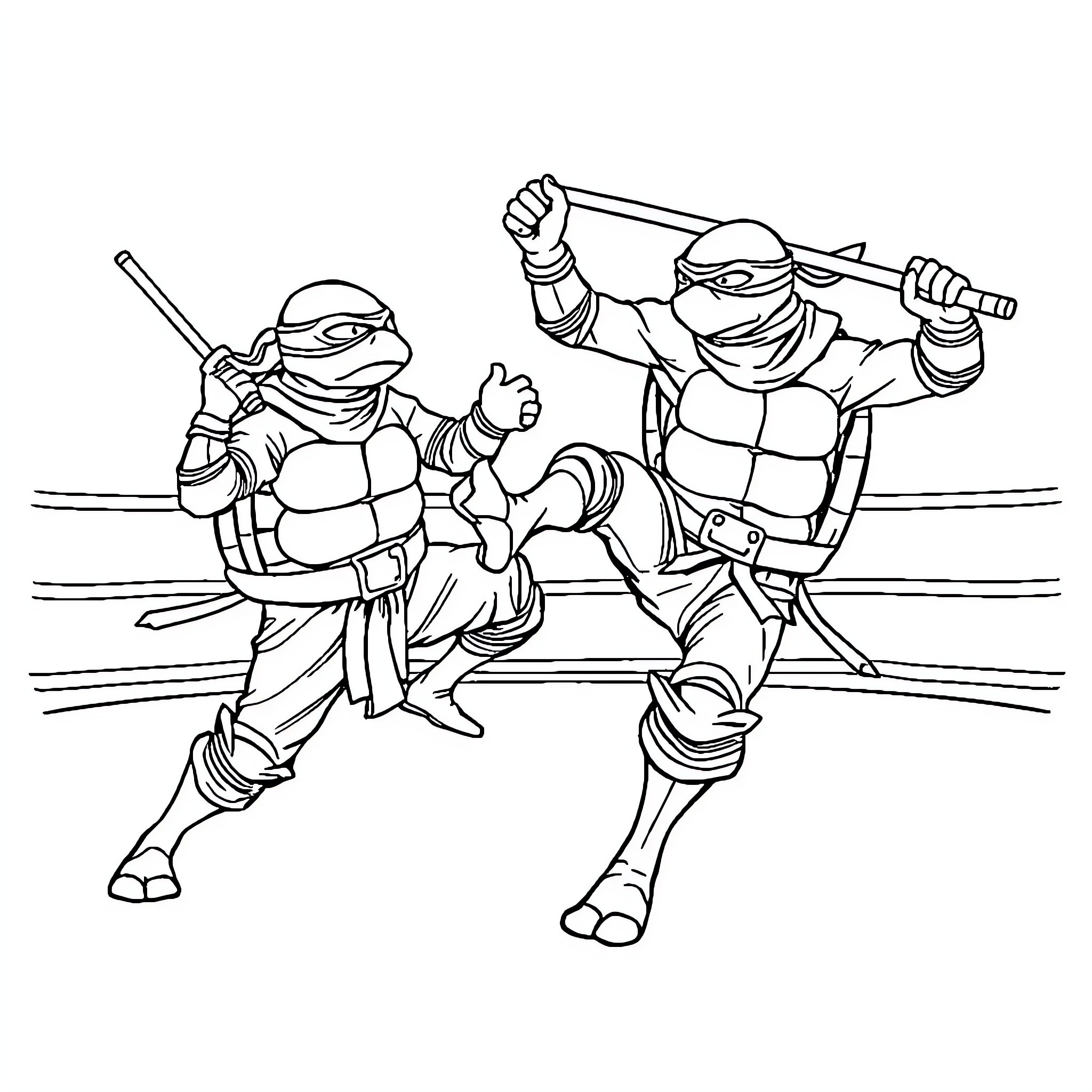 Turtles battling with weapons in the ring Coloring Page (free black-and-white line drawing printable PDF for all, from beginners to advanced learners, including children, teens, adults, and seniors)