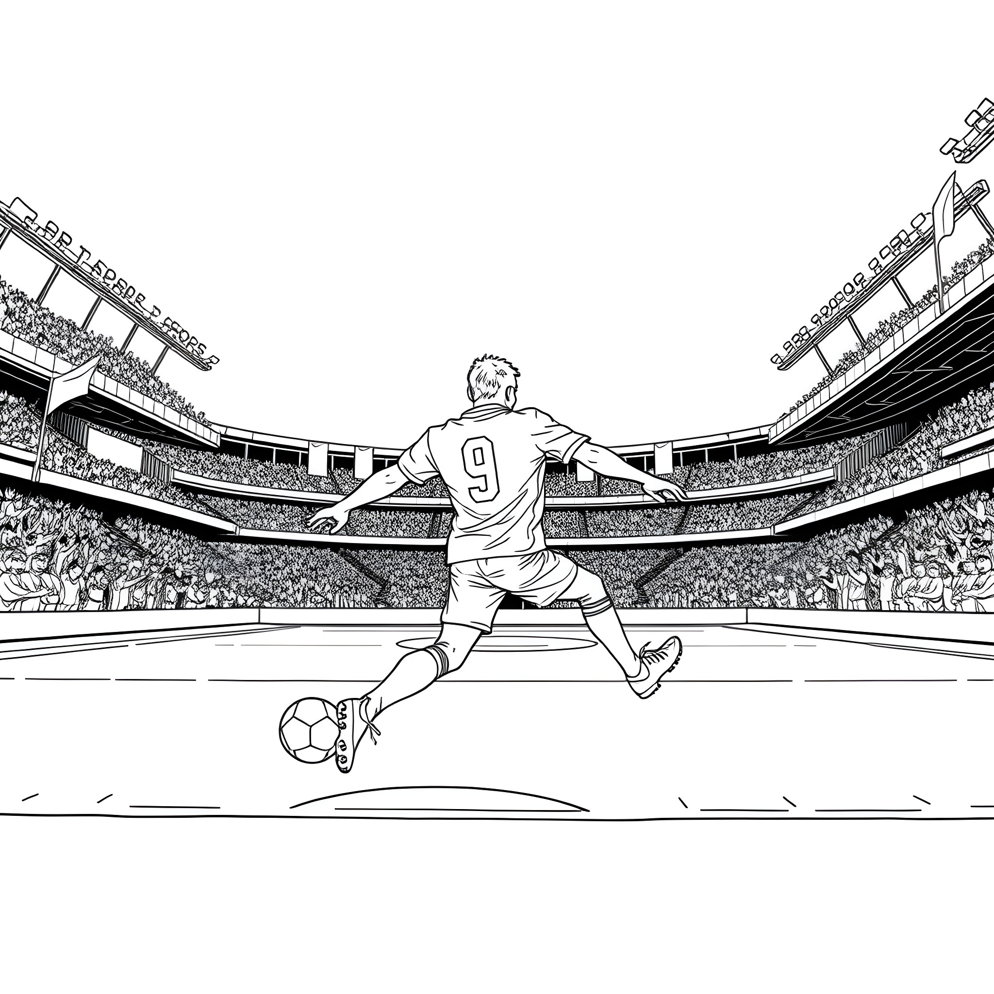 Player Dribbling Soccer Ball on Field Coloring Page (free black-and-white line drawing printable PDF for all, from beginners to advanced learners, including children, teens, adults, and seniors)