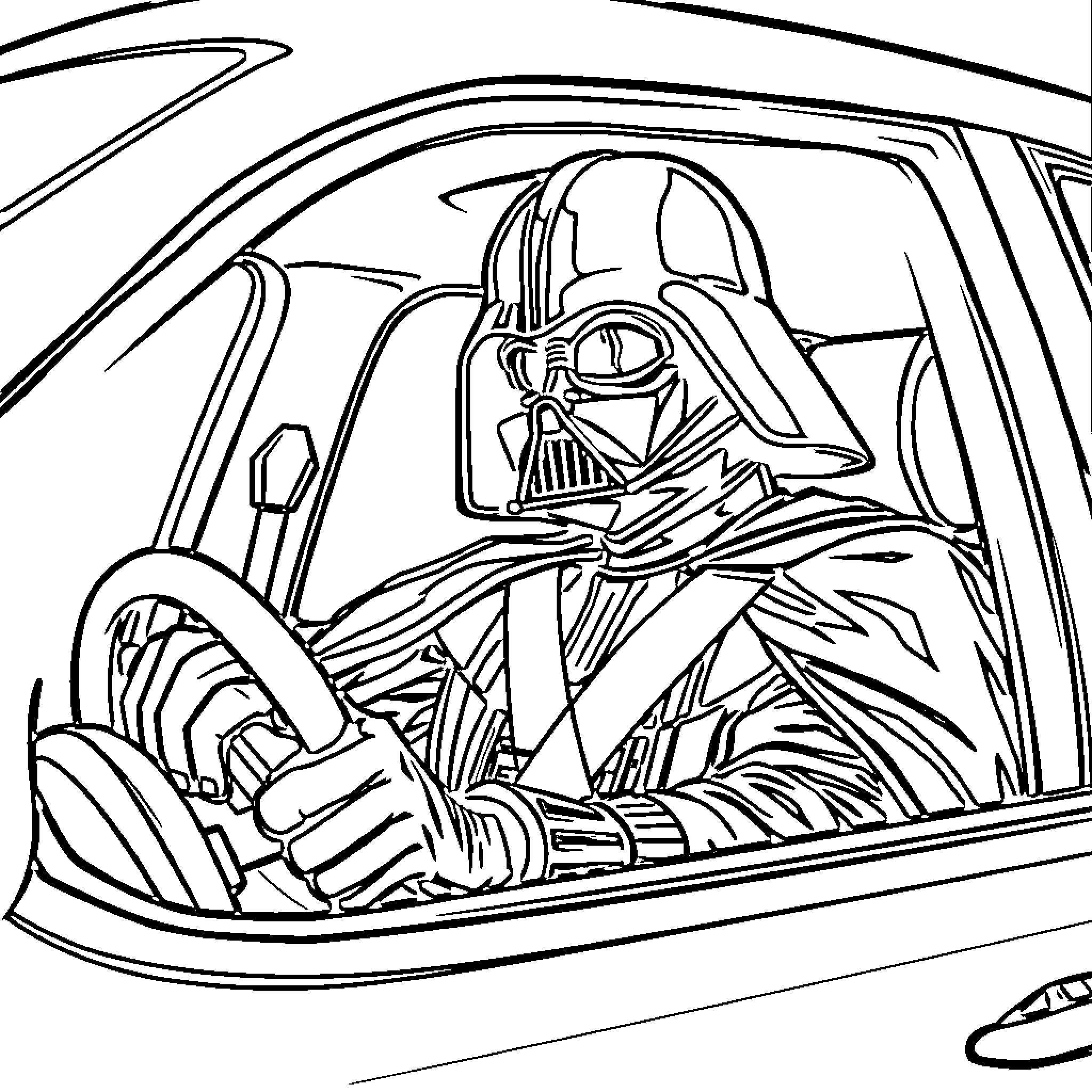 Darth Vader driving a vehicle Coloring Page (free black-and-white line drawing printable PDF for all, from beginners to advanced learners, including children, teens, adults, and seniors)