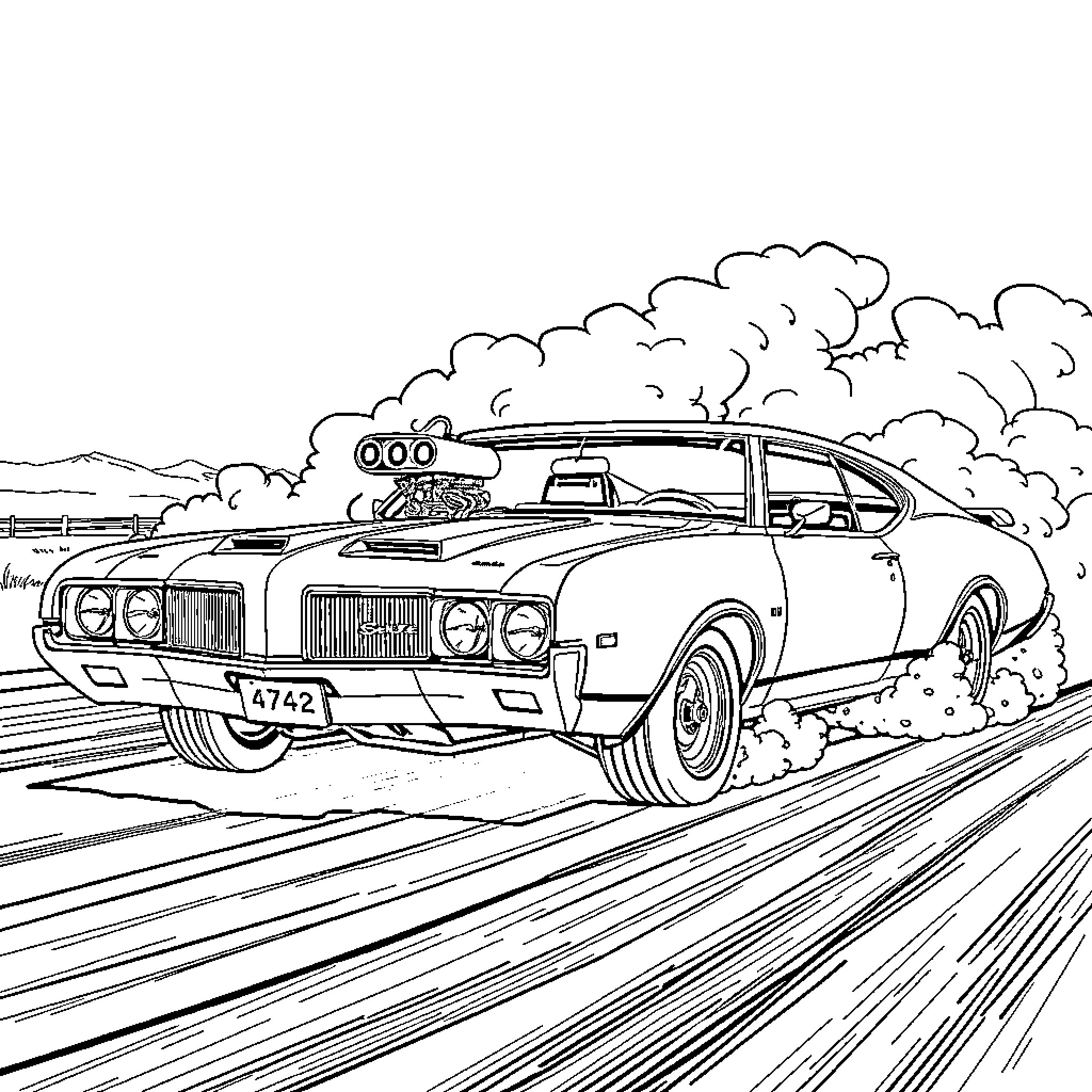 Oldsmobile speeding on the highway Coloring Page (free black-and-white line drawing printable PDF for all, from beginners to advanced learners, including children, teens, adults, and seniors)