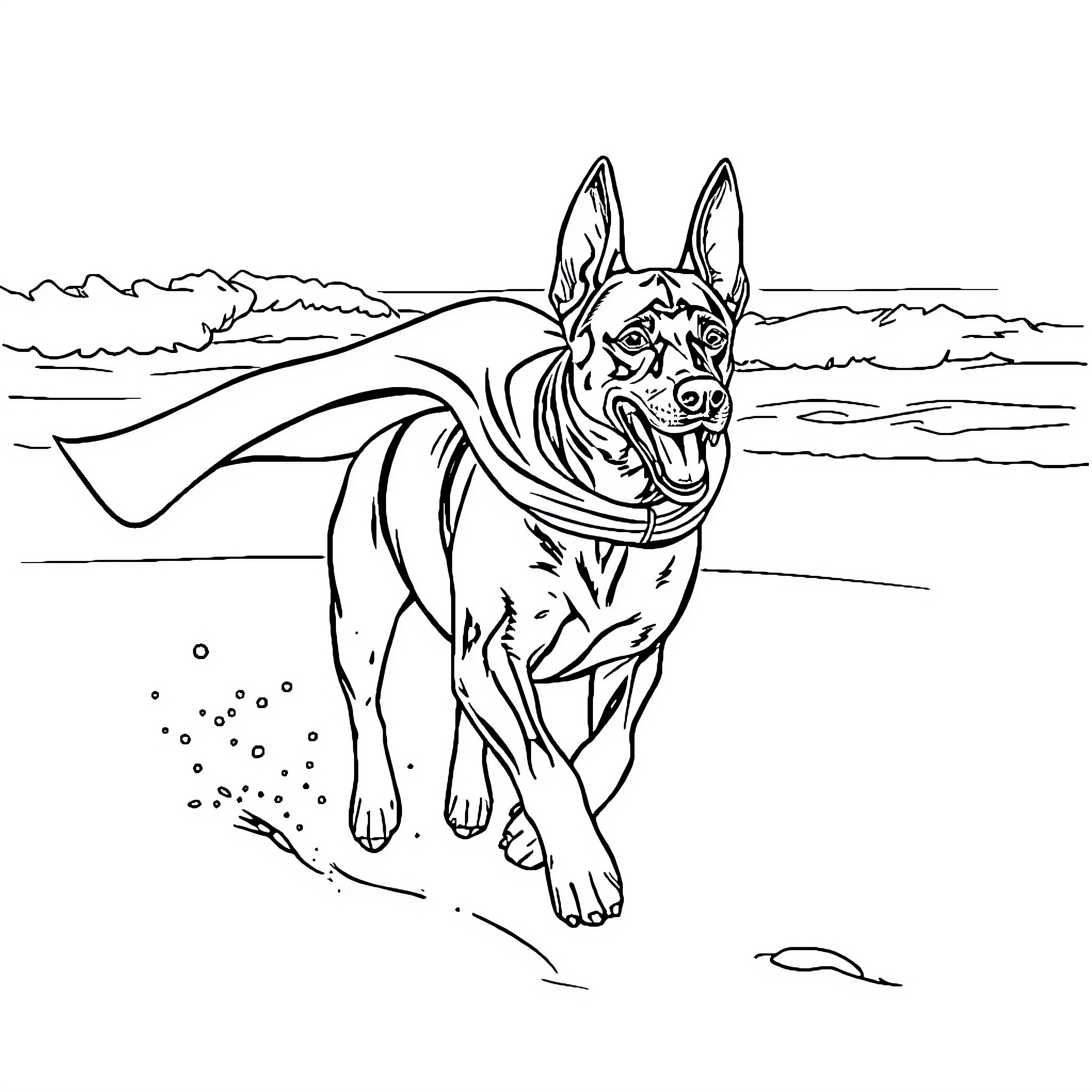 Malinois Dog Running Playfully on the Beach Coloring Page (free black-and-white line drawing printable PDF for all, from beginners to advanced learners, including children, teens, adults, and seniors)