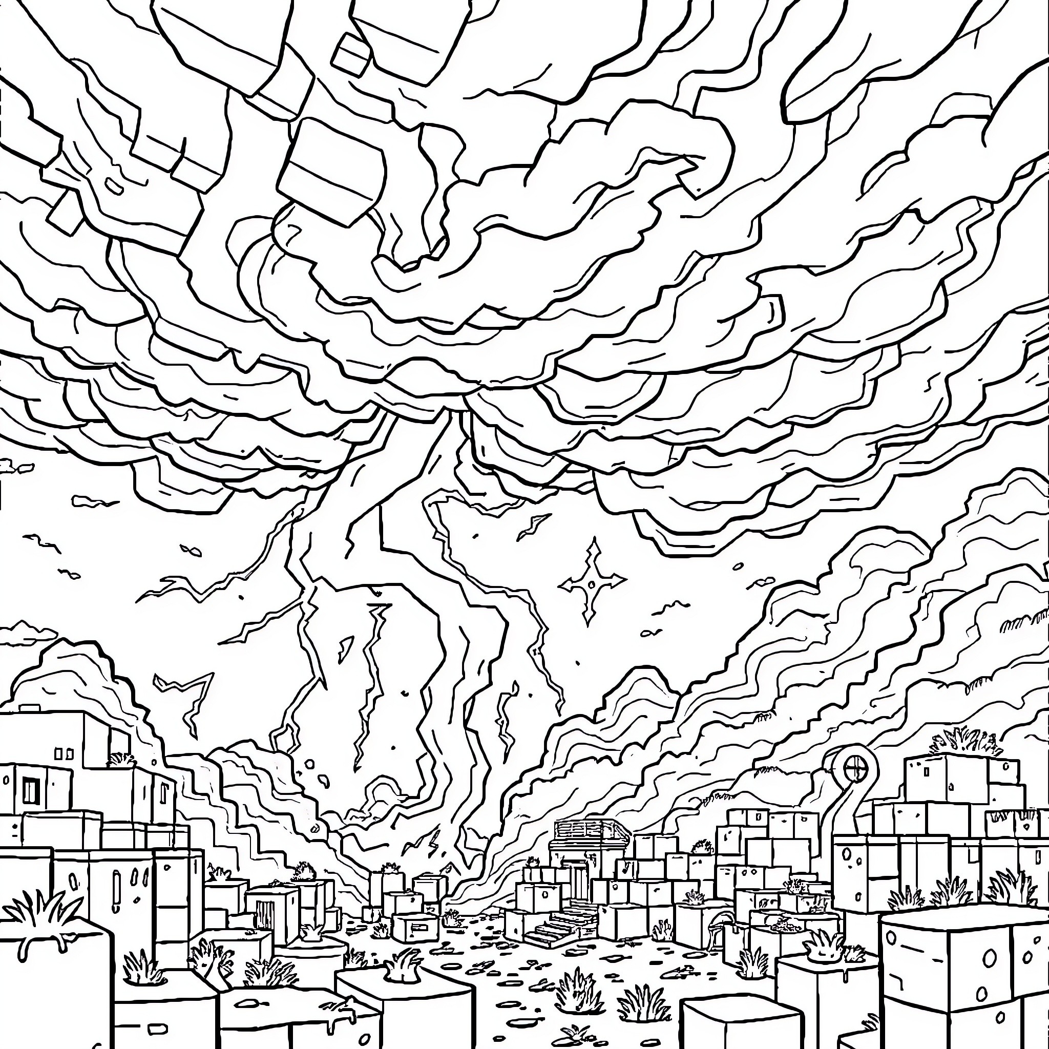 Wiver Dramatic Sky over City Skyline Coloring Page (free black-and-white line drawing printable PDF for all, from beginners to advanced learners, including children, teens, adults, and seniors)