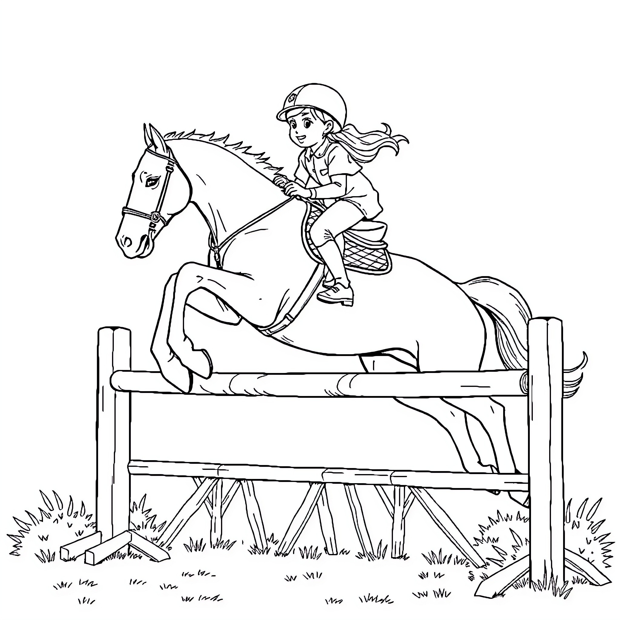 Horse and rider jumping over obstacle Coloring Page (free black-and-white line drawing printable PDF for all, from beginners to advanced learners, including children, teens, adults, and seniors)