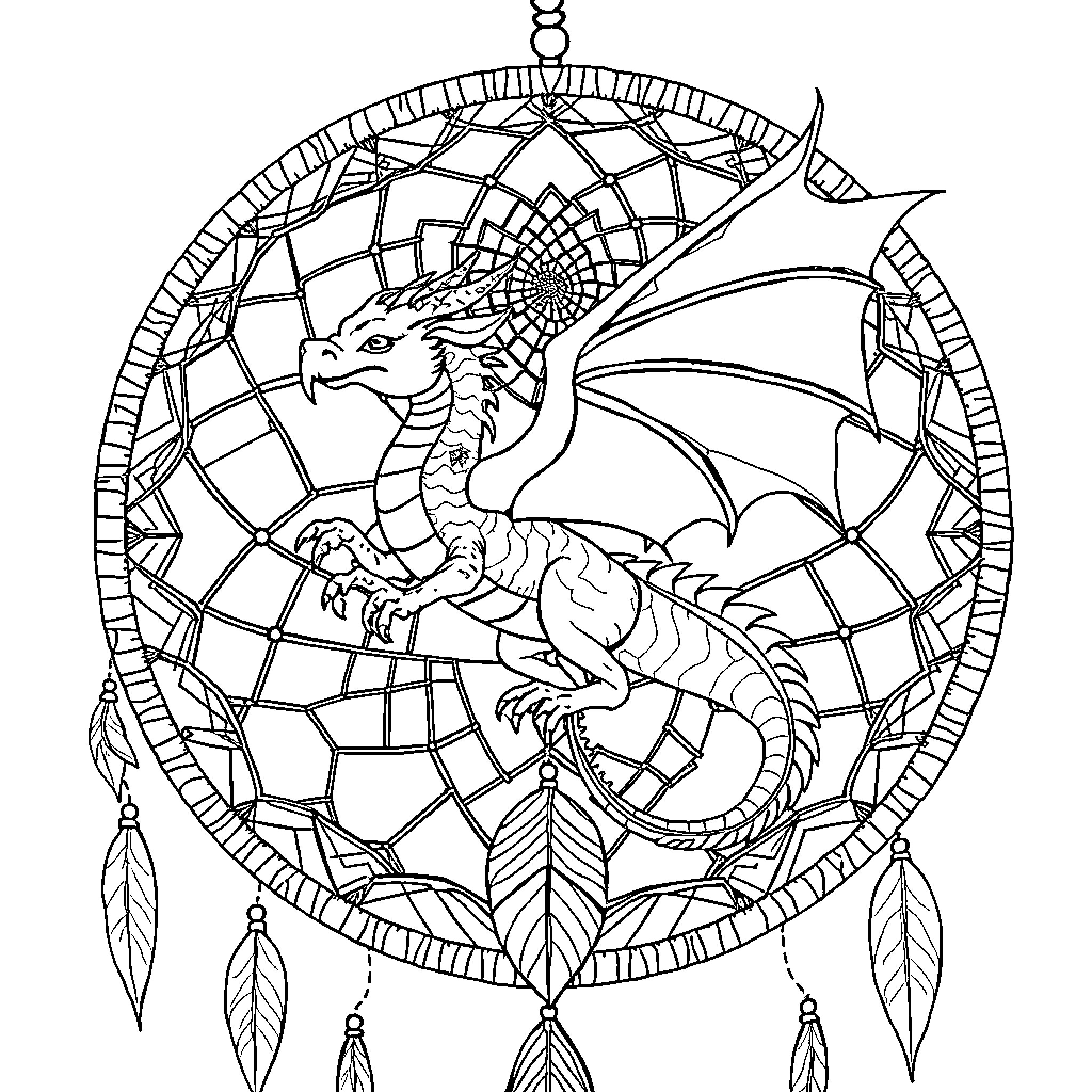 Dragon in Dreamcatcher Sanctuary Coloring Page (free black-and-white line drawing printable PDF for all, from beginners to advanced learners, including children, teens, adults, and seniors)