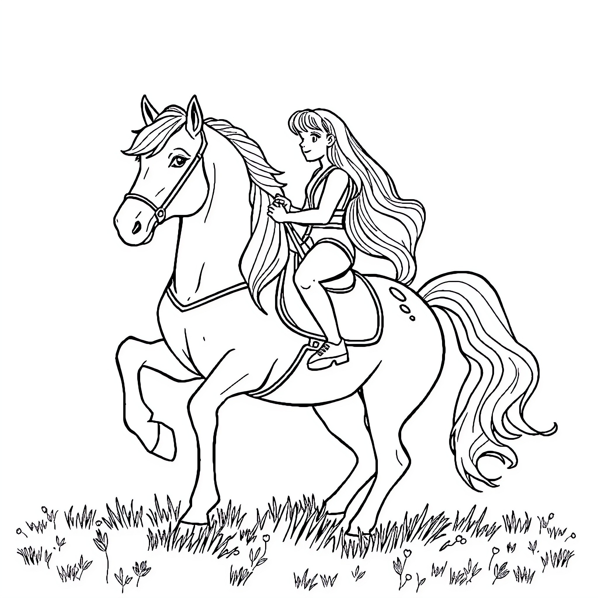 Pony Riding in the Meadow Coloring Page (free black-and-white line drawing printable PDF for all, from beginners to advanced learners, including children, teens, adults, and seniors)