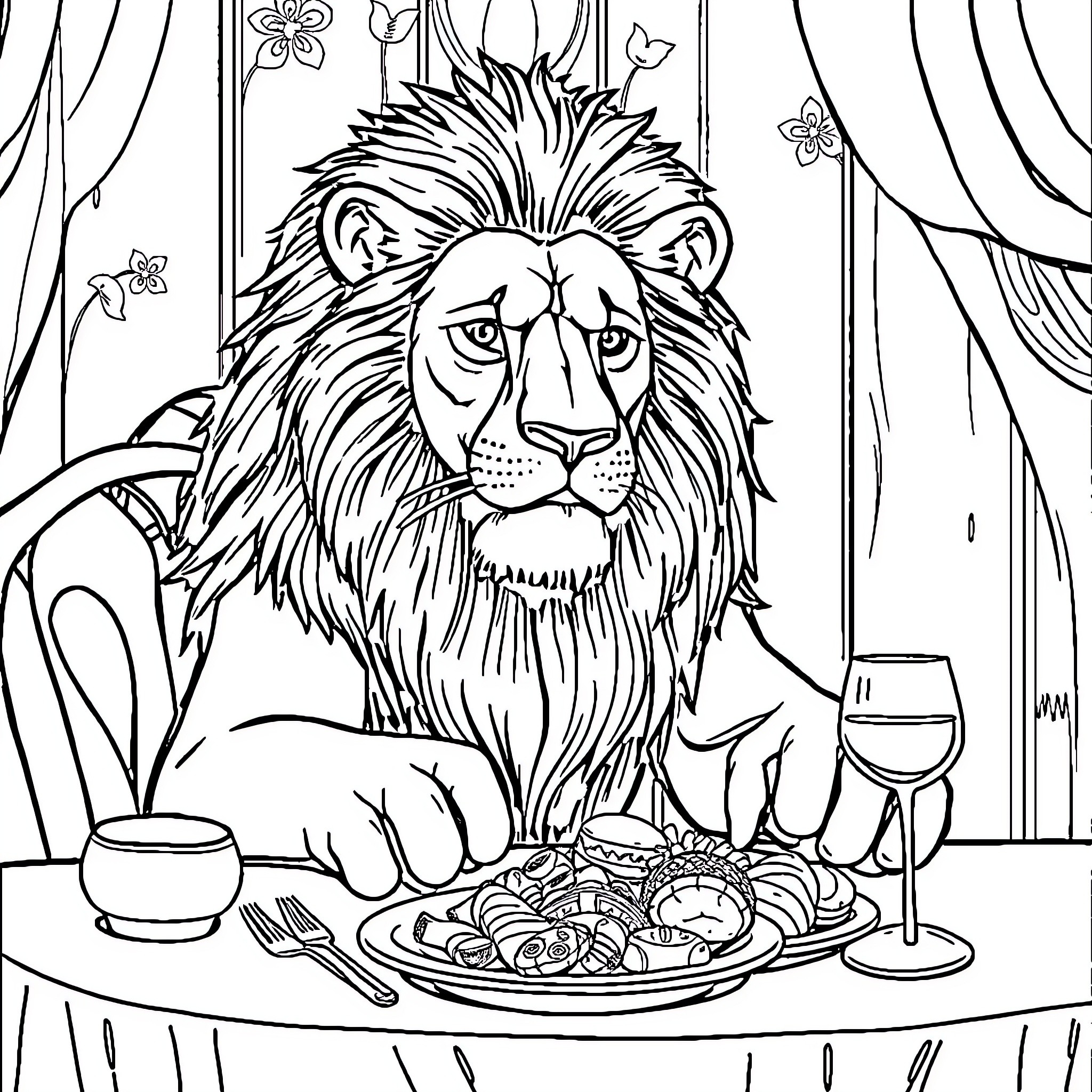 Lion enjoying a fancy meal at a table Coloring Page (free black-and-white line drawing printable PDF for all, from beginners to advanced learners, including children, teens, adults, and seniors)