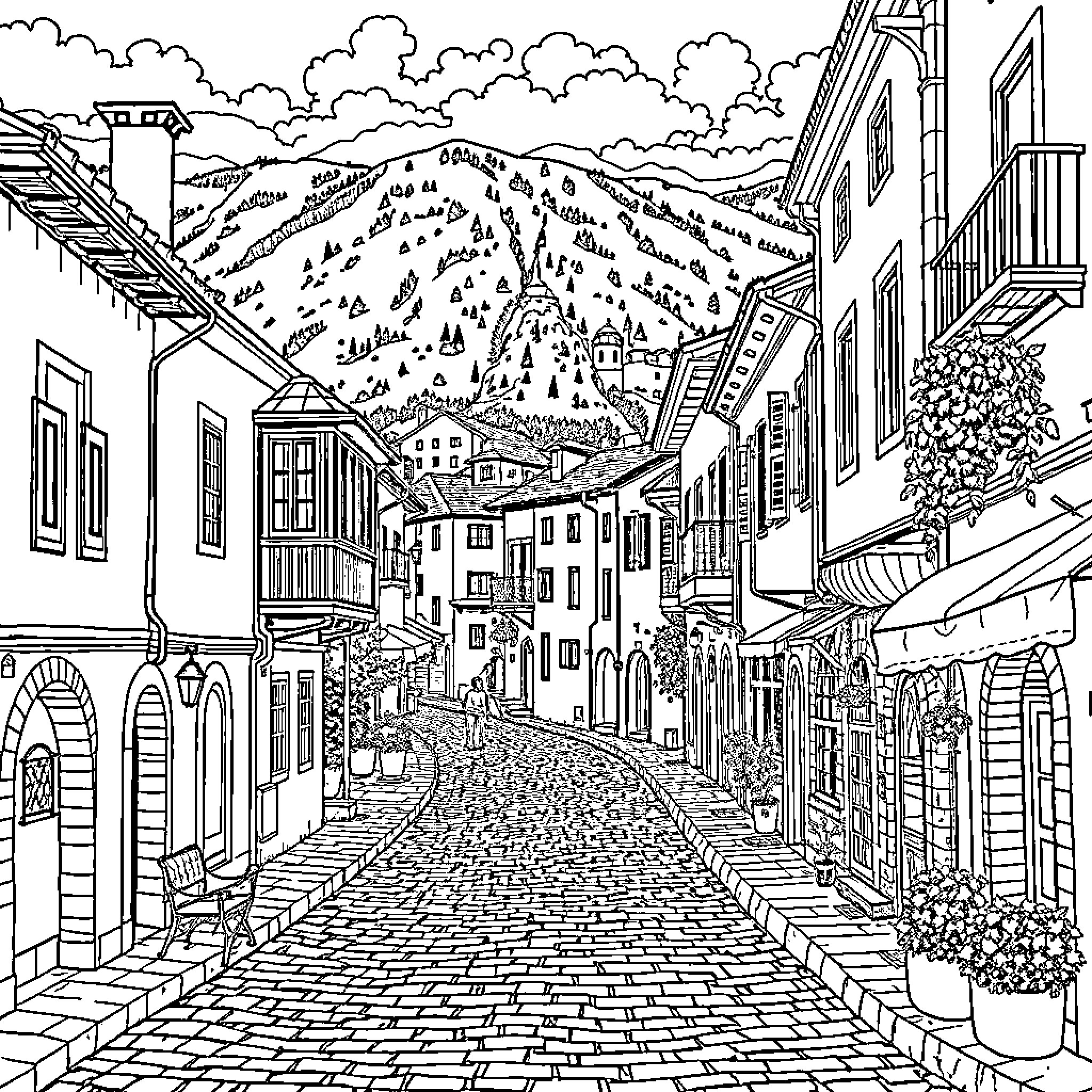 Prizren scenic cobblestone street with historic buildings Coloring Page (free black-and-white line drawing printable PDF for all, from beginners to advanced learners, including children, teens, adults, and seniors)