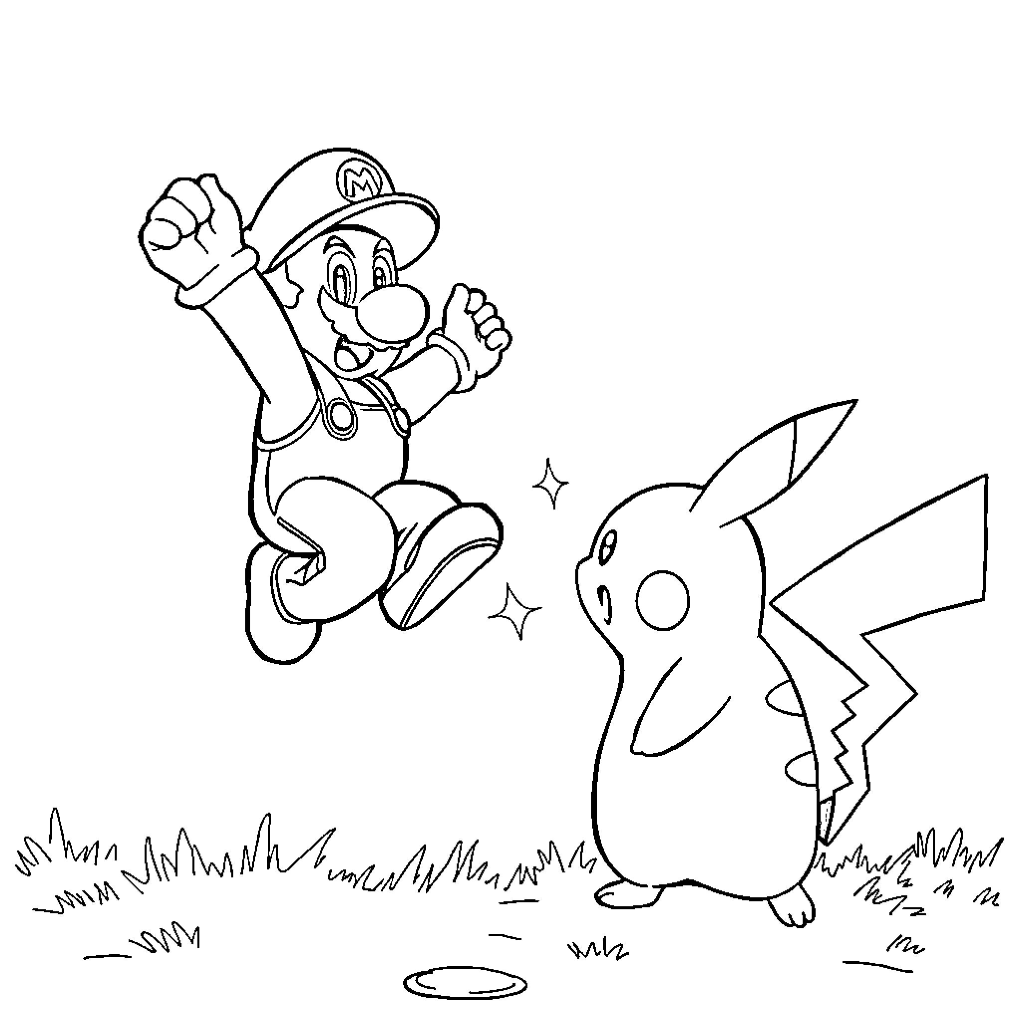 Mario's Playful Encounter with Pikachu Coloring Page (free black-and-white line drawing printable PDF for all, from beginners to advanced learners, including children, teens, adults, and seniors)