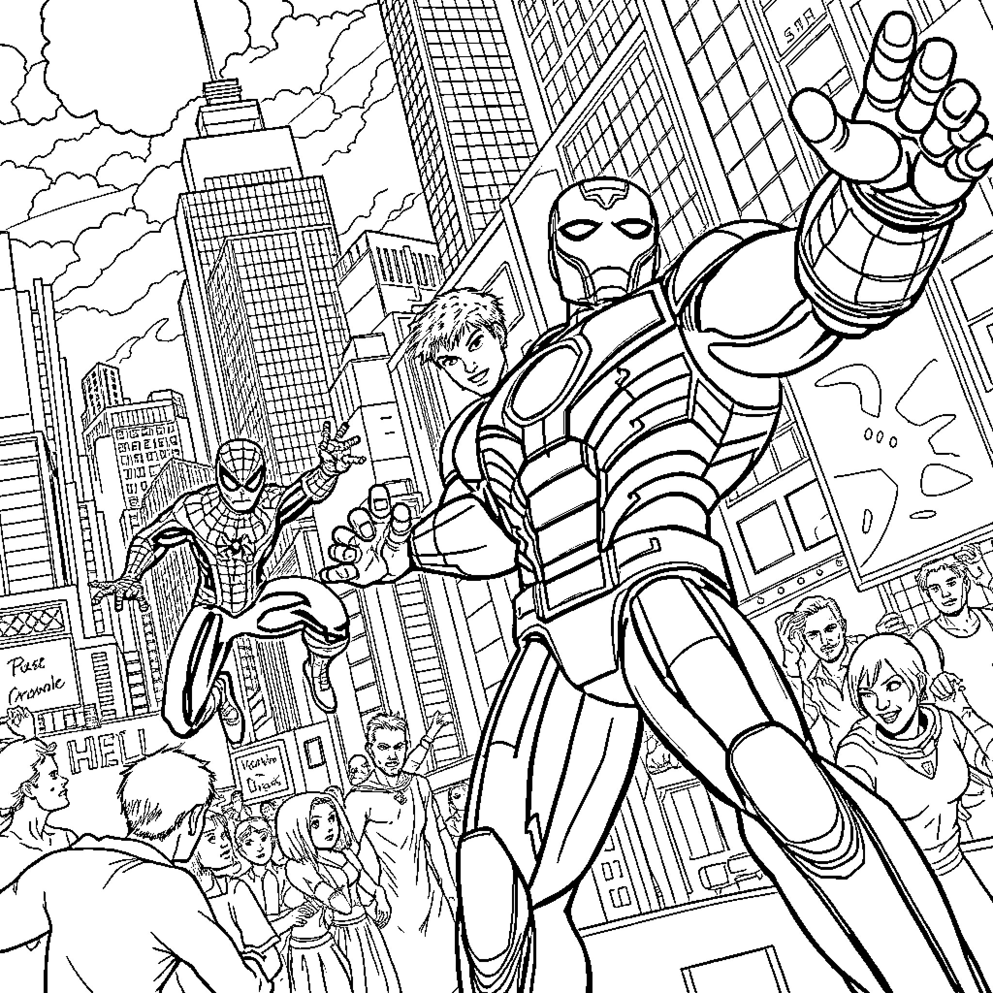 Spider-heroes in action-packed urban adventure Coloring Page (free black-and-white line drawing printable PDF for all, from beginners to advanced learners, including children, teens, adults, and seniors)