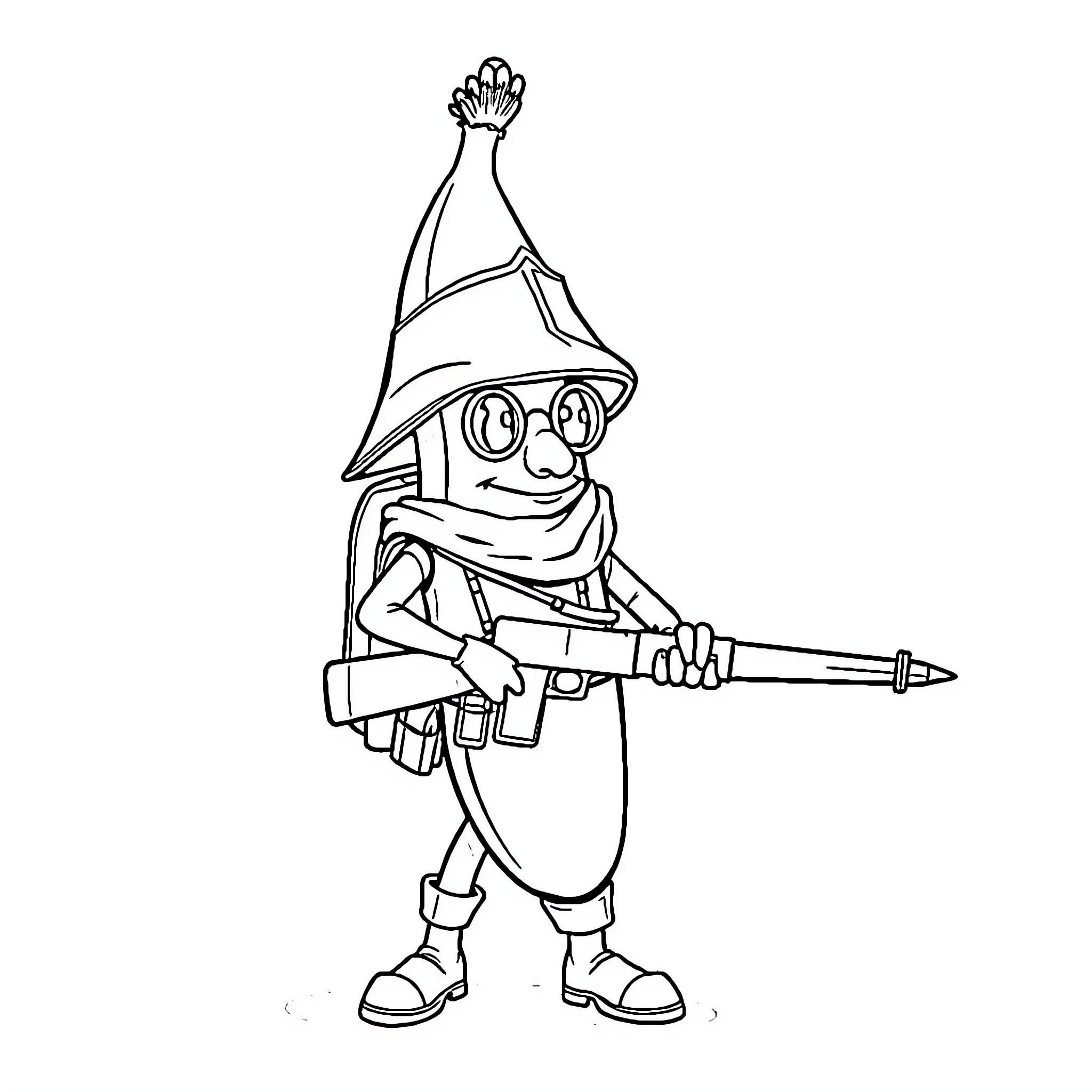 Banana Soldier with Weapon and Silly Hat Coloring Page (free black-and-white line drawing printable PDF for all, from beginners to advanced learners, including children, teens, adults, and seniors)