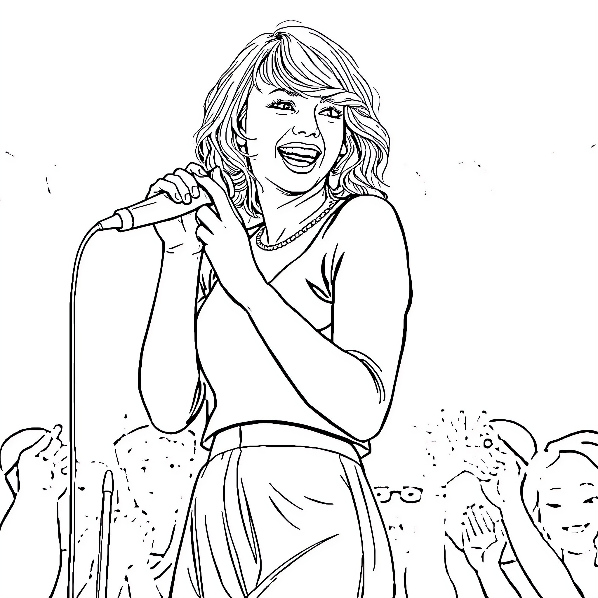 Taylor Swift performing on stage with a microphone Coloring Page (free black-and-white line drawing printable PDF for all, from beginners to advanced learners, including children, teens, adults, and seniors)