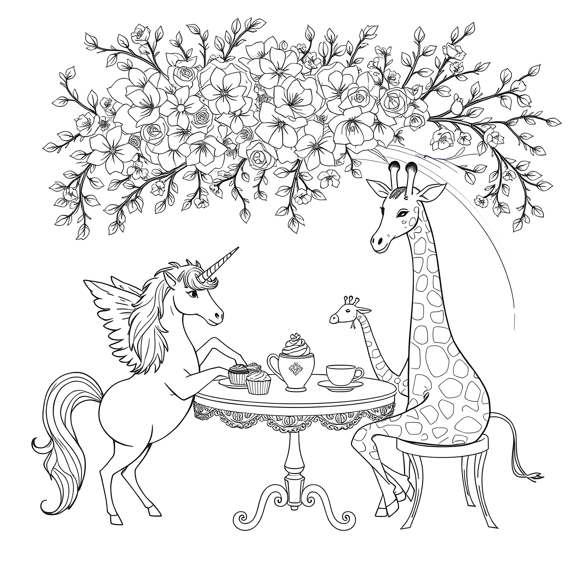 Unicorn and Giraffe Enjoying Tea Party Under Floral Canopy Coloring Page (free black-and-white line drawing printable PDF for all, from beginners to advanced learners, including children, teens, adults, and seniors)