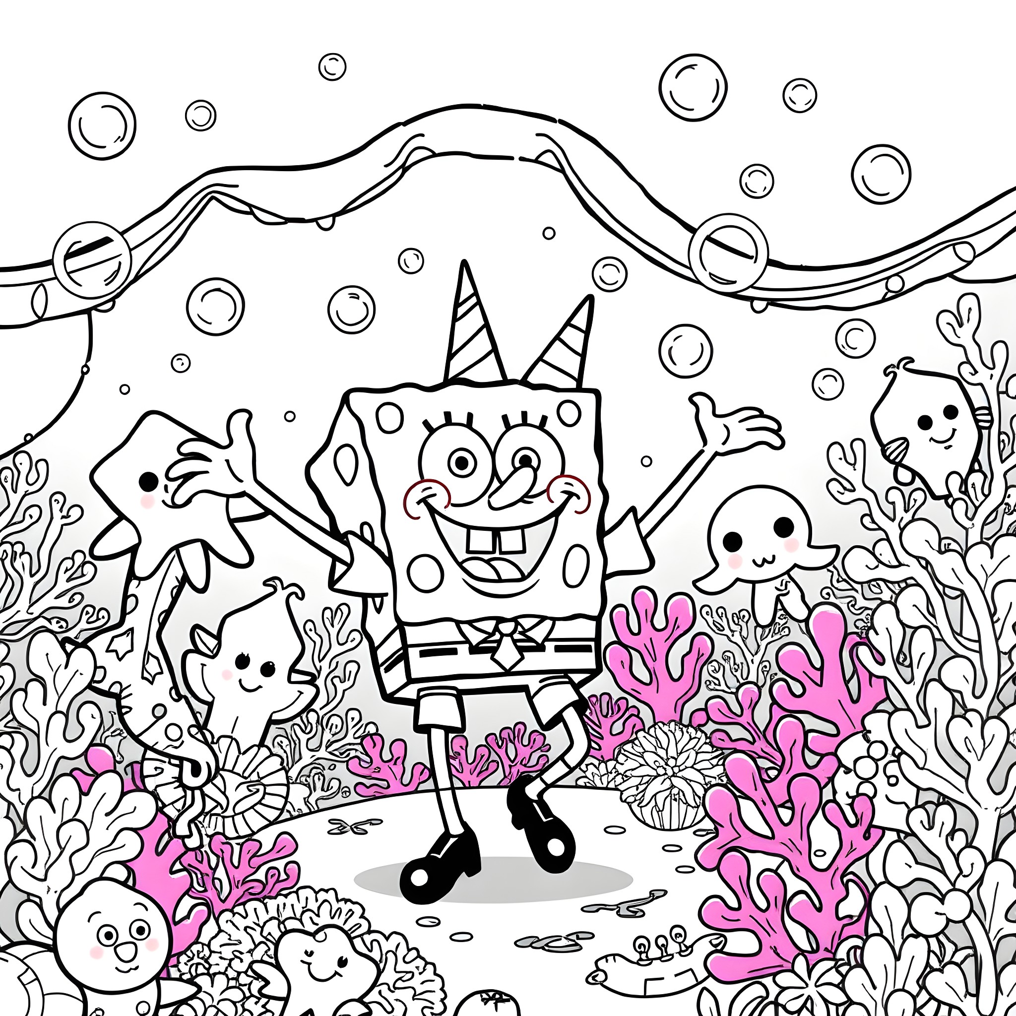 Spongebob and friends in an underwater adventure Coloring Page (free black-and-white line drawing printable PDF for all, from beginners to advanced learners, including children, teens, adults, and seniors)
