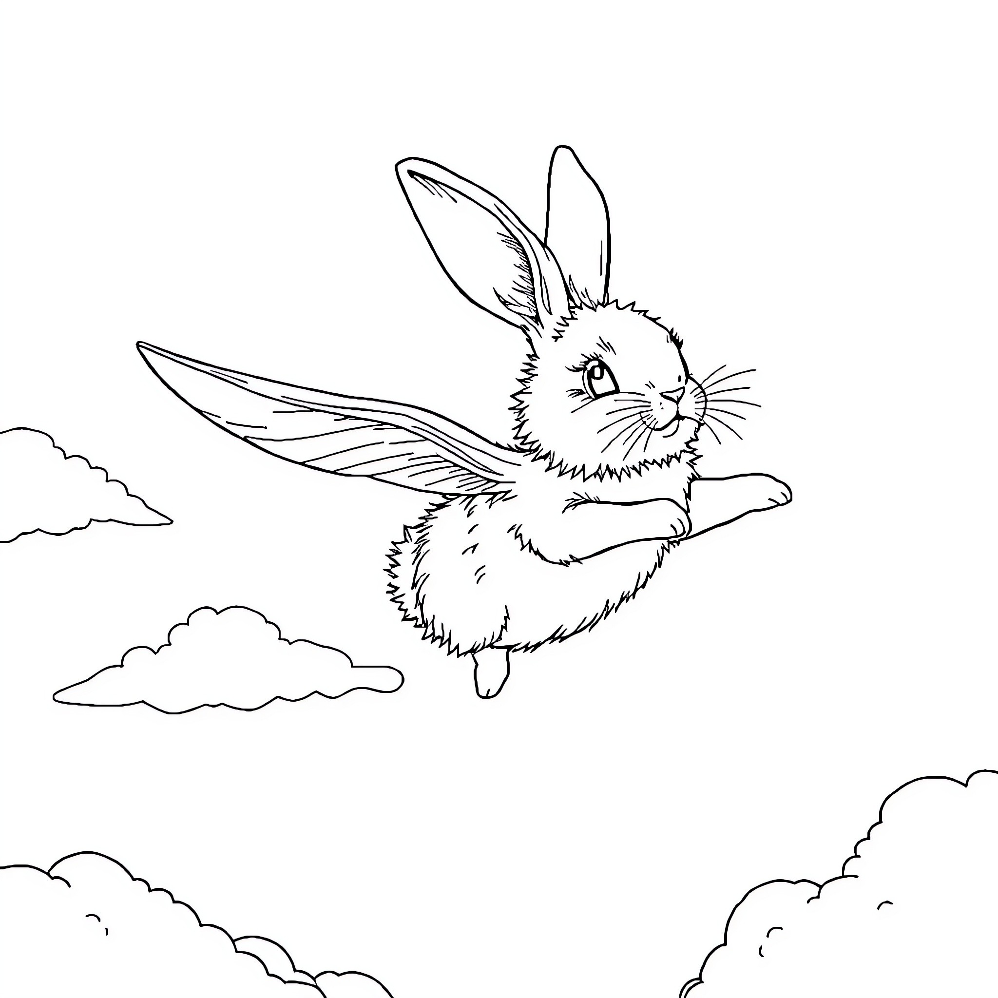 Rabbit soaring through the clouds Coloring Page (free black-and-white line drawing printable PDF for all, from beginners to advanced learners, including children, teens, adults, and seniors)