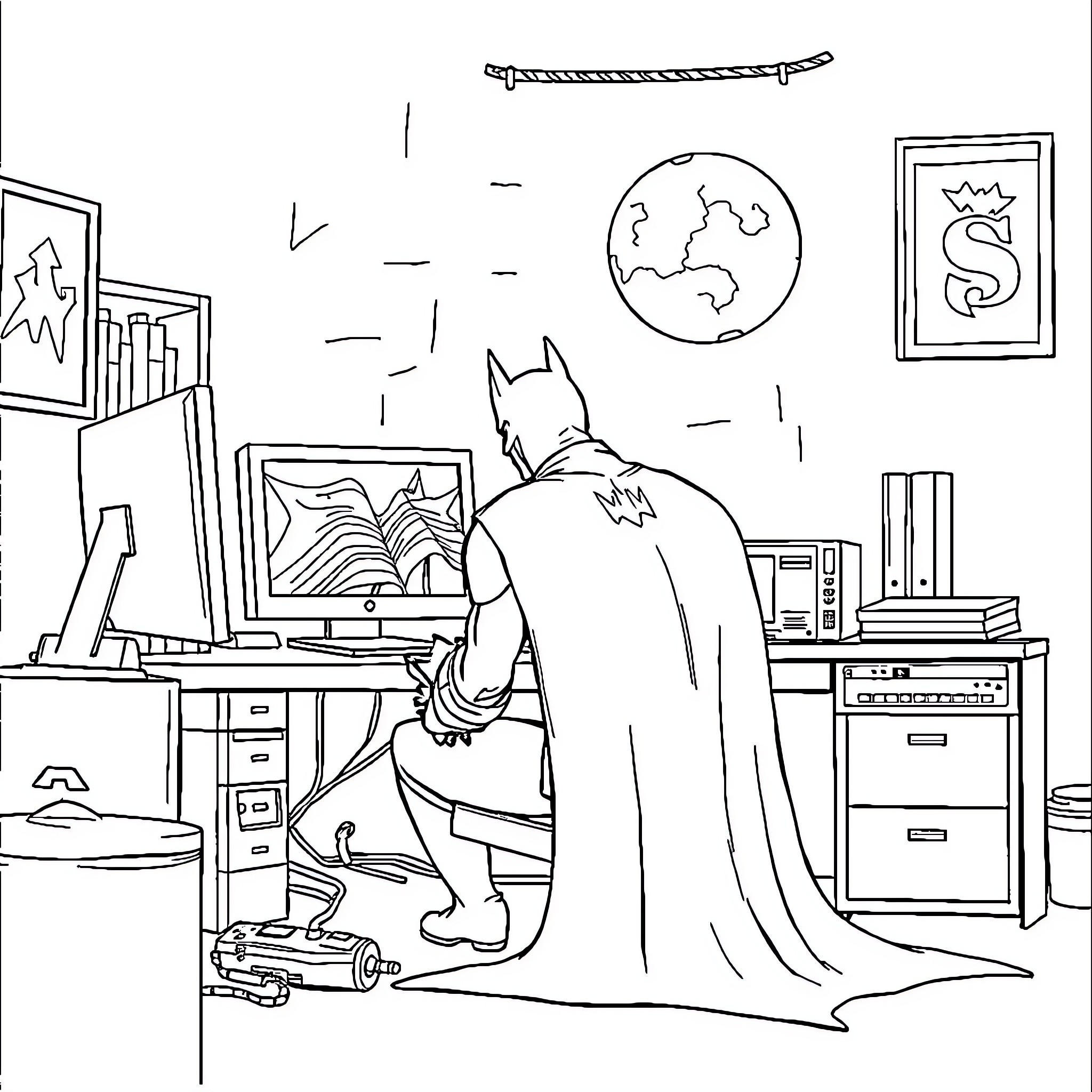 Batman Working Diligently on Computer in Office Coloring Page (free black-and-white line drawing printable PDF for all, from beginners to advanced learners, including children, teens, adults, and seniors)
