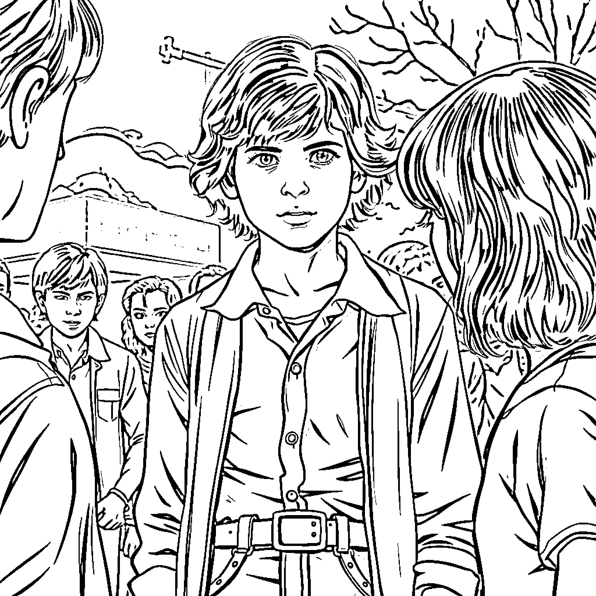 Steve and his friends face challenges in the wilderness Coloring Page (free black-and-white line drawing printable PDF for all, from beginners to advanced learners, including children, teens, adults, and seniors)