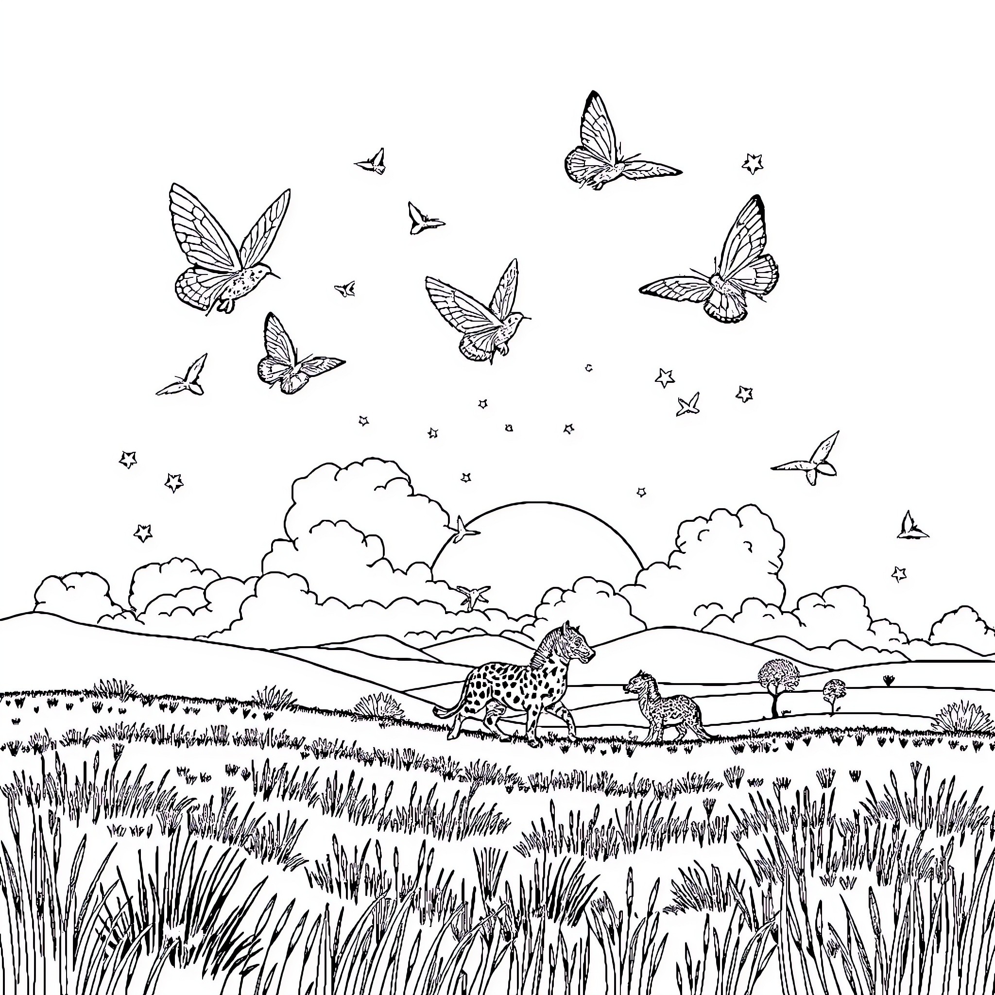 Unicorn resting peacefully amidst butterflies in tranquil meadow Coloring Page (free black-and-white line drawing printable PDF for all, from beginners to advanced learners, including children, teens, adults, and seniors)