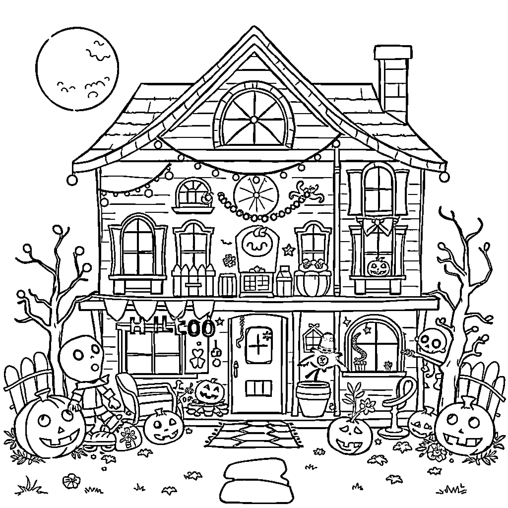 Gabby's Dollhouse with Halloween decorations and characters Coloring Page (free black-and-white line drawing printable PDF for all, from beginners to advanced learners, including children, teens, adults, and seniors)