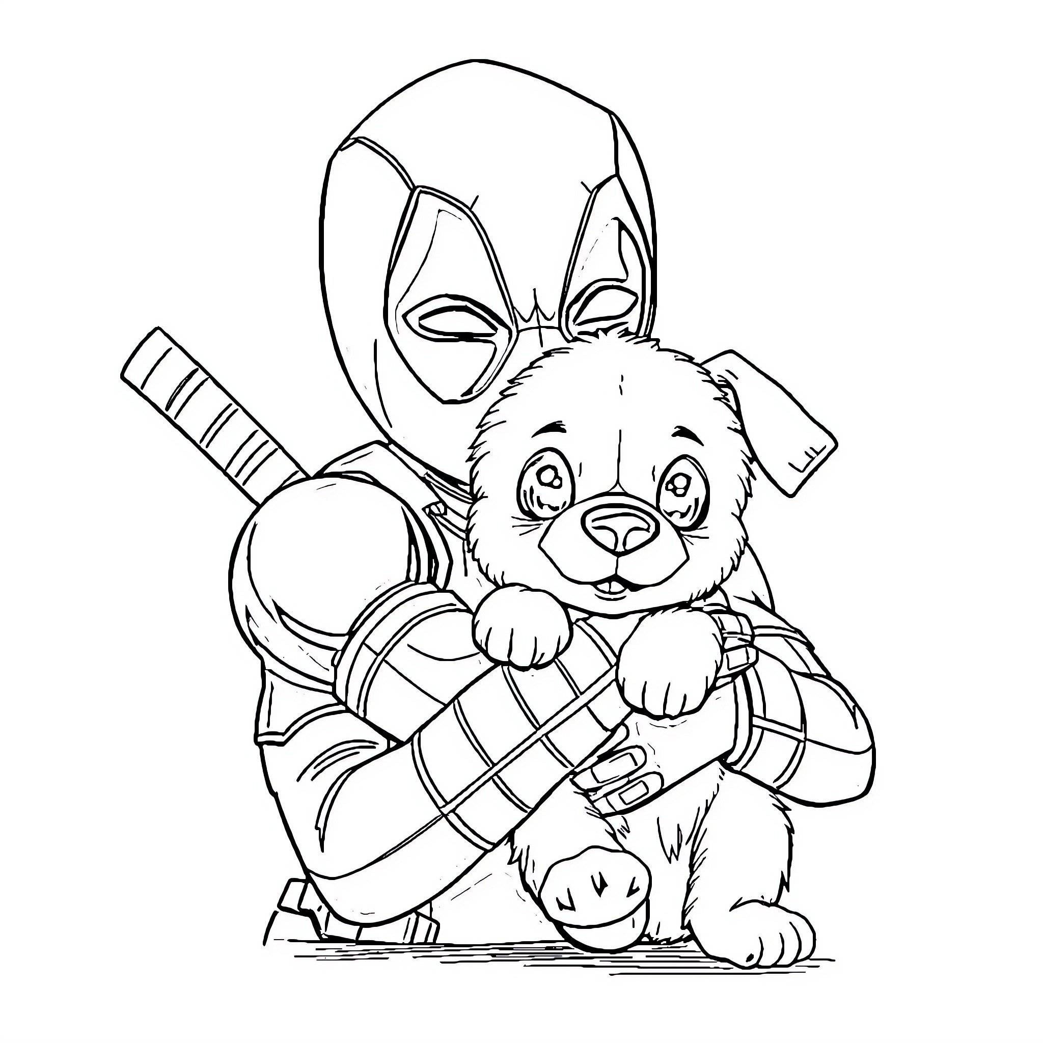 Deadpool plays with a cute puppy Coloring Page (free black-and-white line drawing printable PDF for all, from beginners to advanced learners, including children, teens, adults, and seniors)