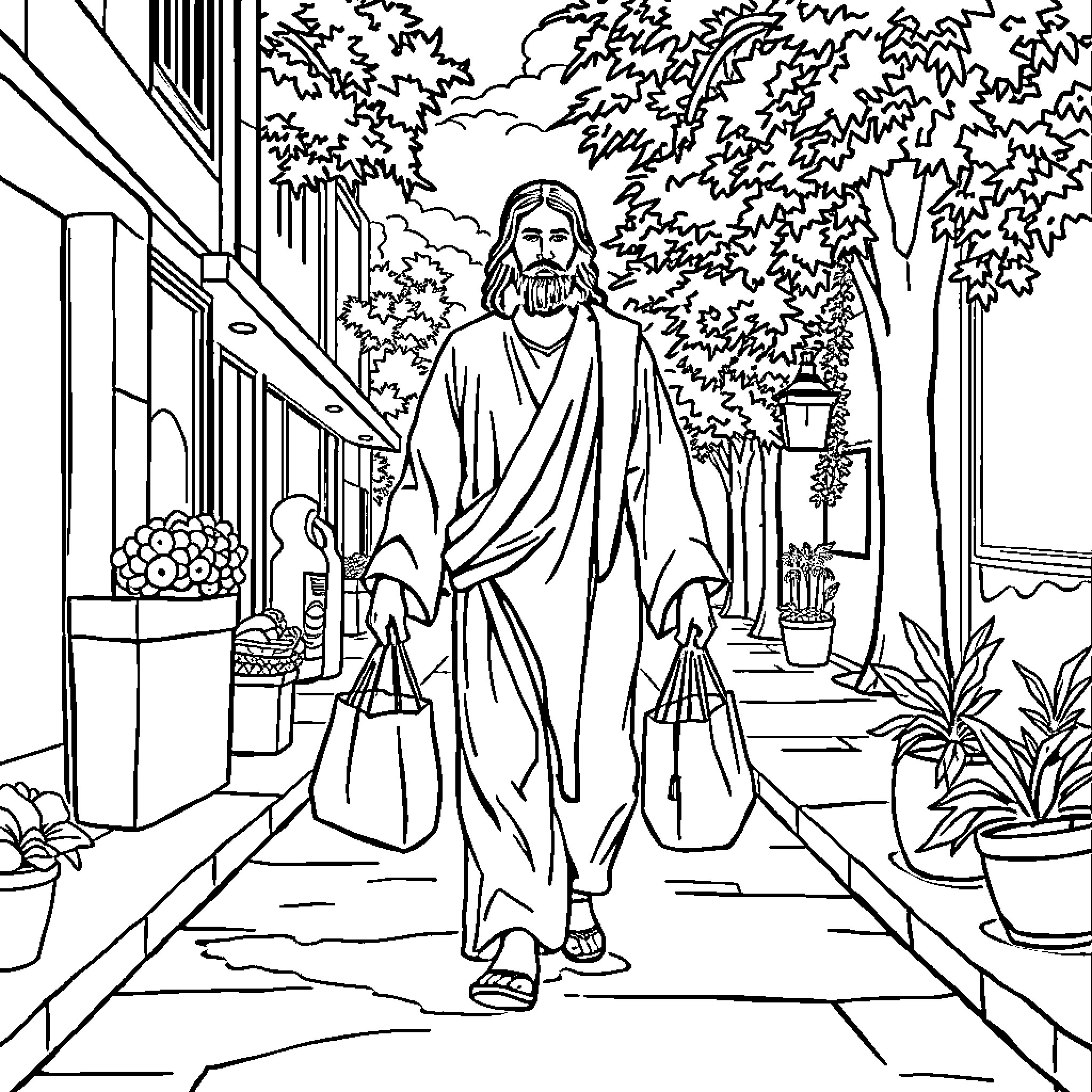 Jesus walking in a lush garden with trees Coloring Page (free black-and-white line drawing printable PDF for all, from beginners to advanced learners, including children, teens, adults, and seniors)