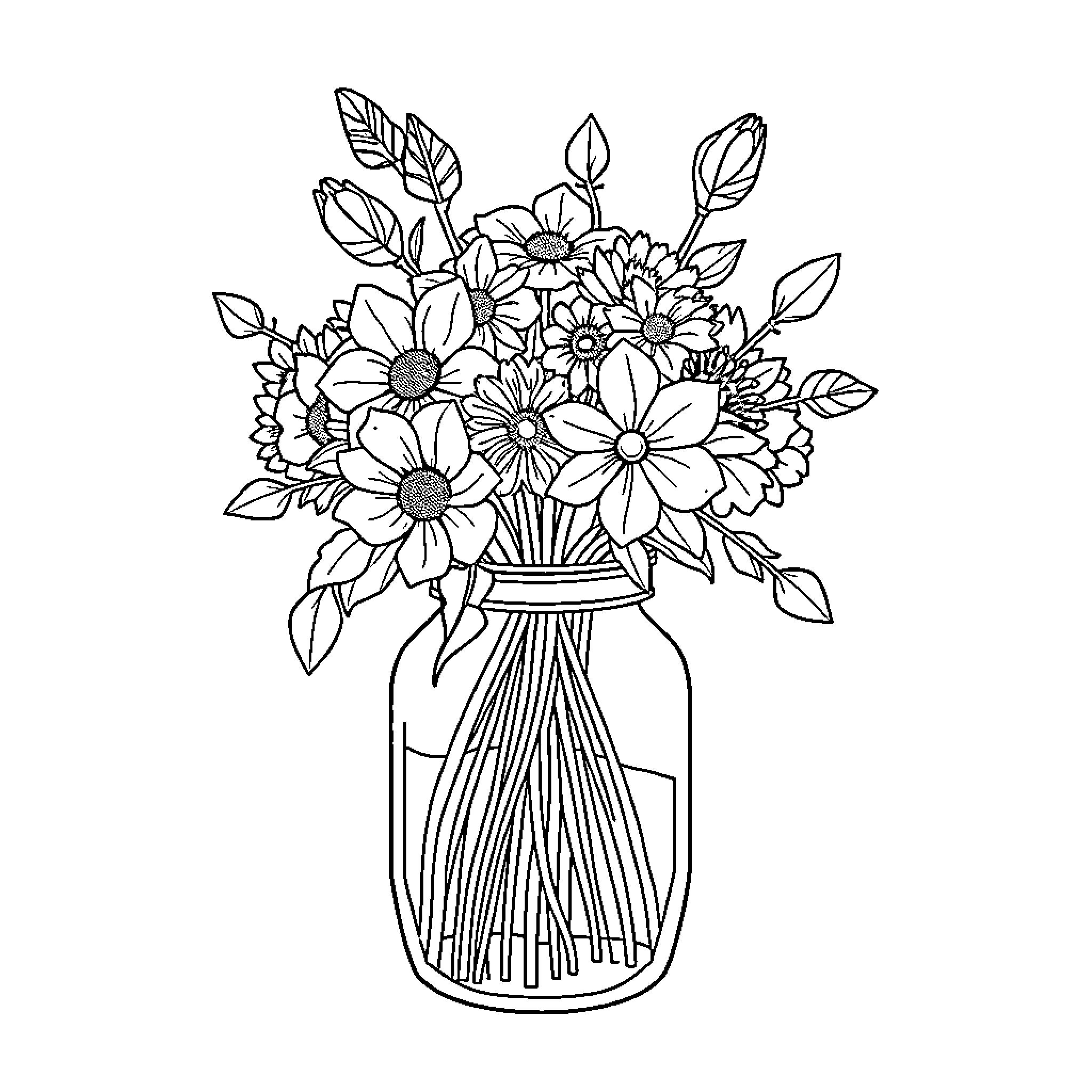 Vase of Blooming Floral Bouquet Coloring Page (free black-and-white line drawing printable PDF for all, from beginners to advanced learners, including children, teens, adults, and seniors)