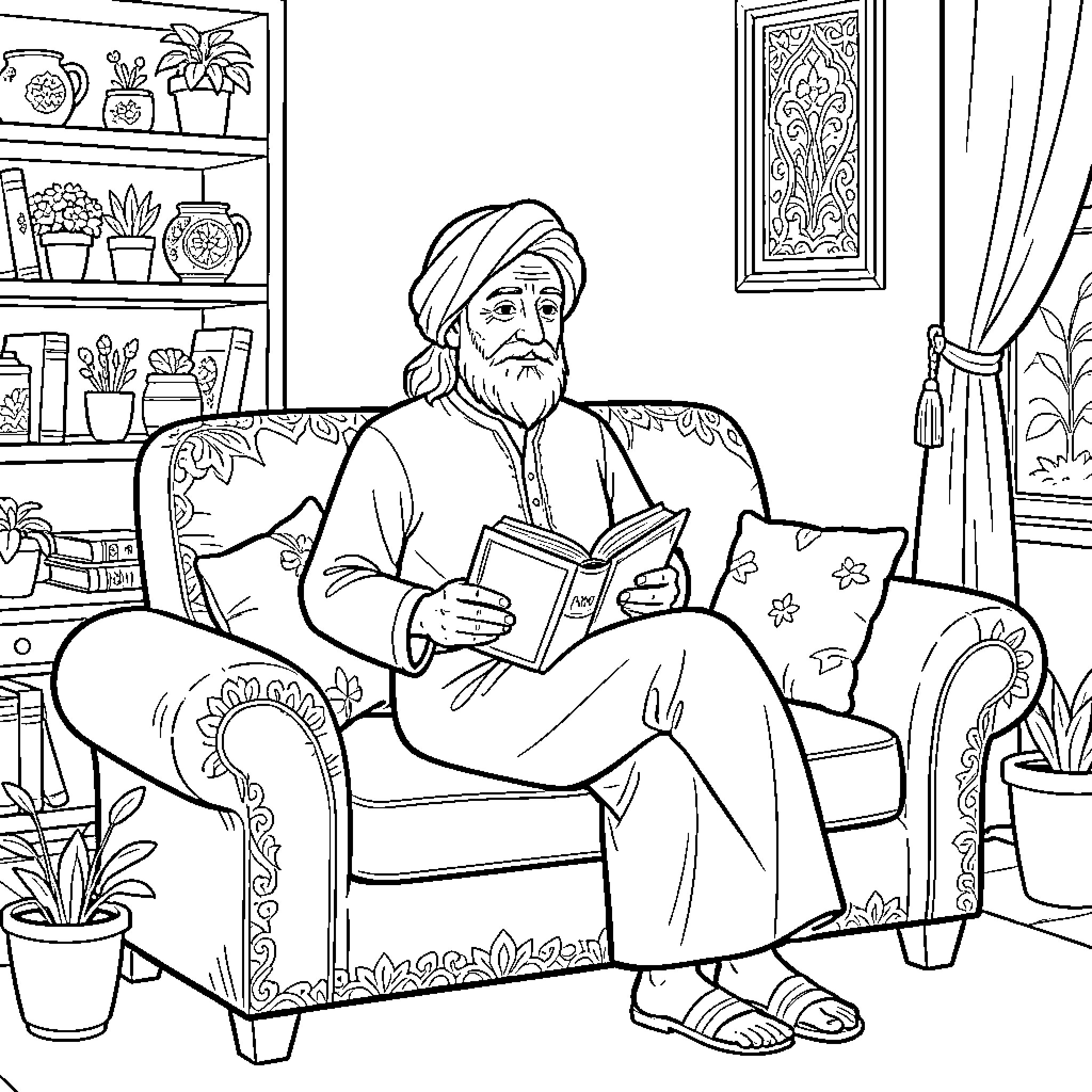 Rumi sitting on a sofa reading a book Coloring Page (free black-and-white line drawing printable PDF for all, from beginners to advanced learners, including children, teens, adults, and seniors)